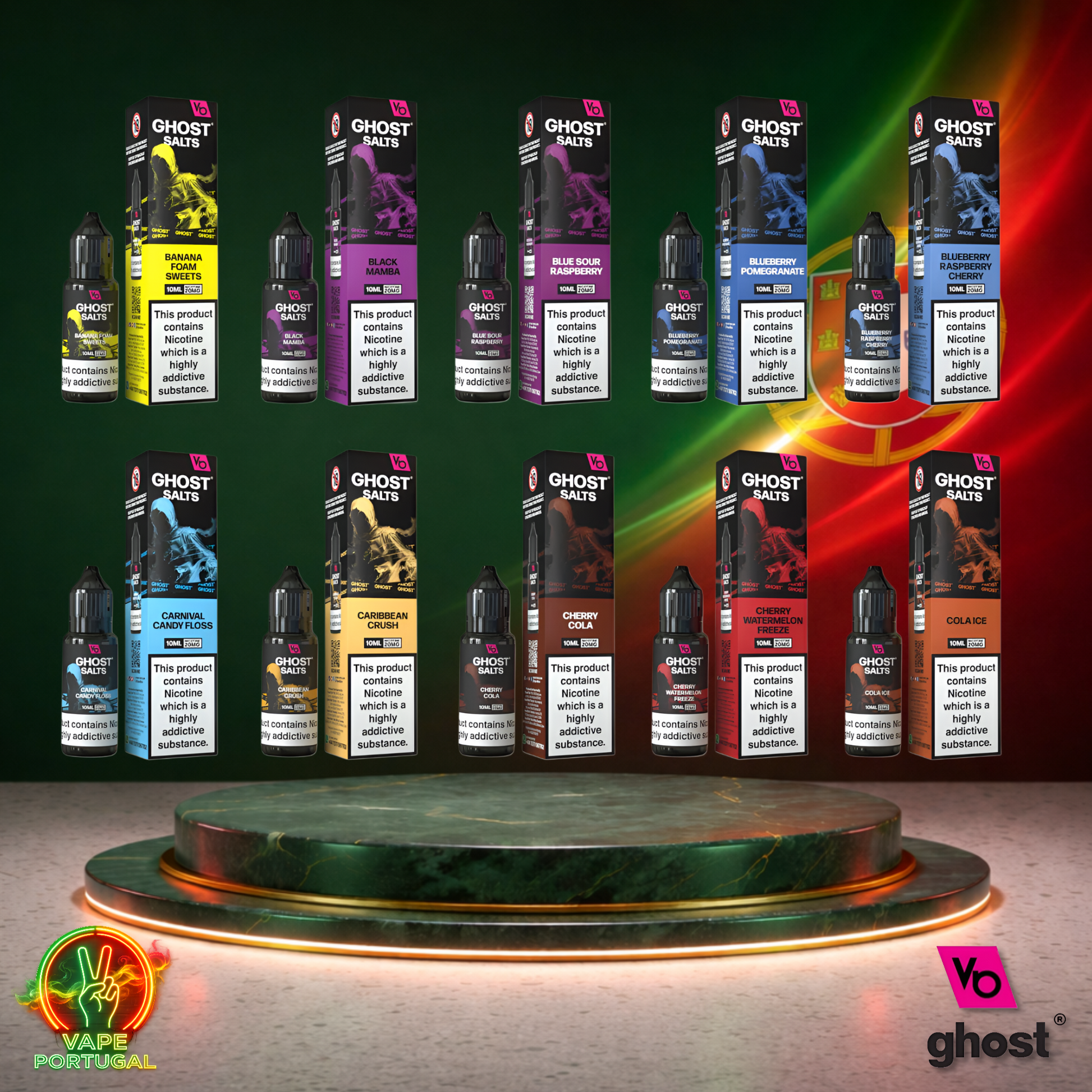 Líquido Ghost Salts 10ml com sais de nicotina 2% (20mg/ml) para pod – vários sabores disponíveis em Portugal vista lateral mais barato