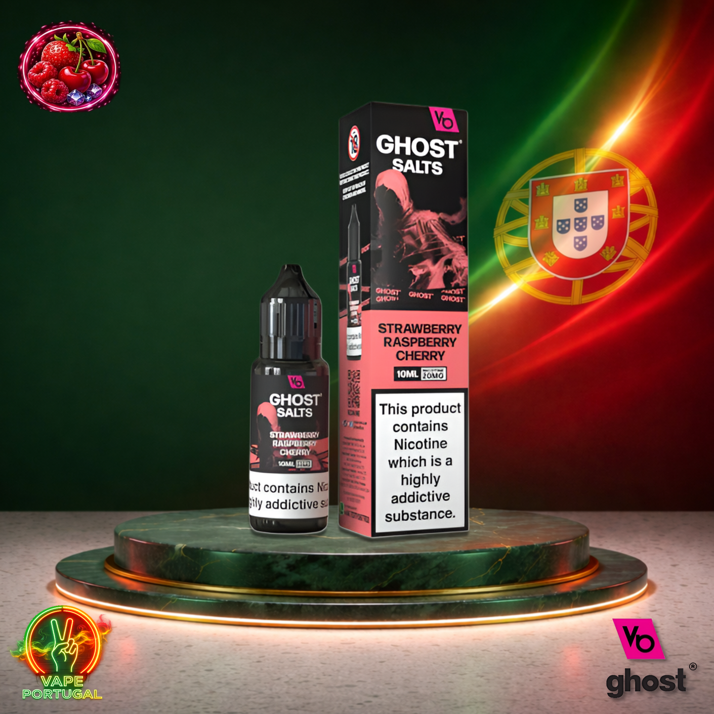 Líquido Ghost Salts 10ml sabor Strawberry Raspberry Cherry com sais de nicotina 2% (20mg/ml) para pod – morango, framboesa e cereja doces e intensos mais barato