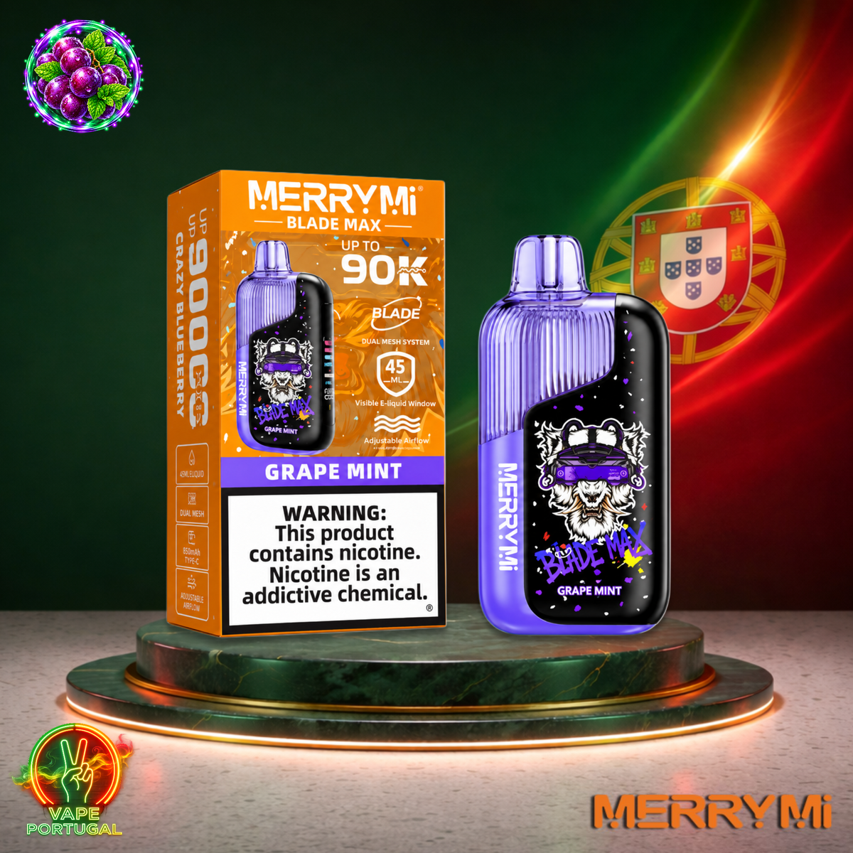 Vape descartável MerryMi Blade Max 90K Grape Mint 90000 puffs comprar em Portugal