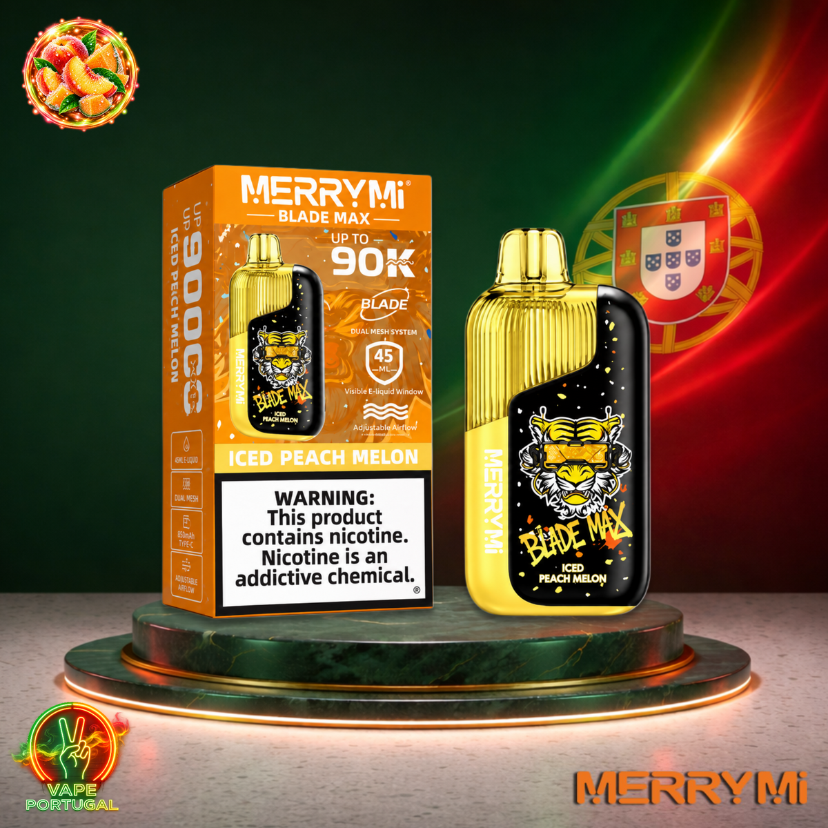 Vape descartável MerryMi Blade Max 90K Iced Peach Melon 90000 puffs comprar em Portugal