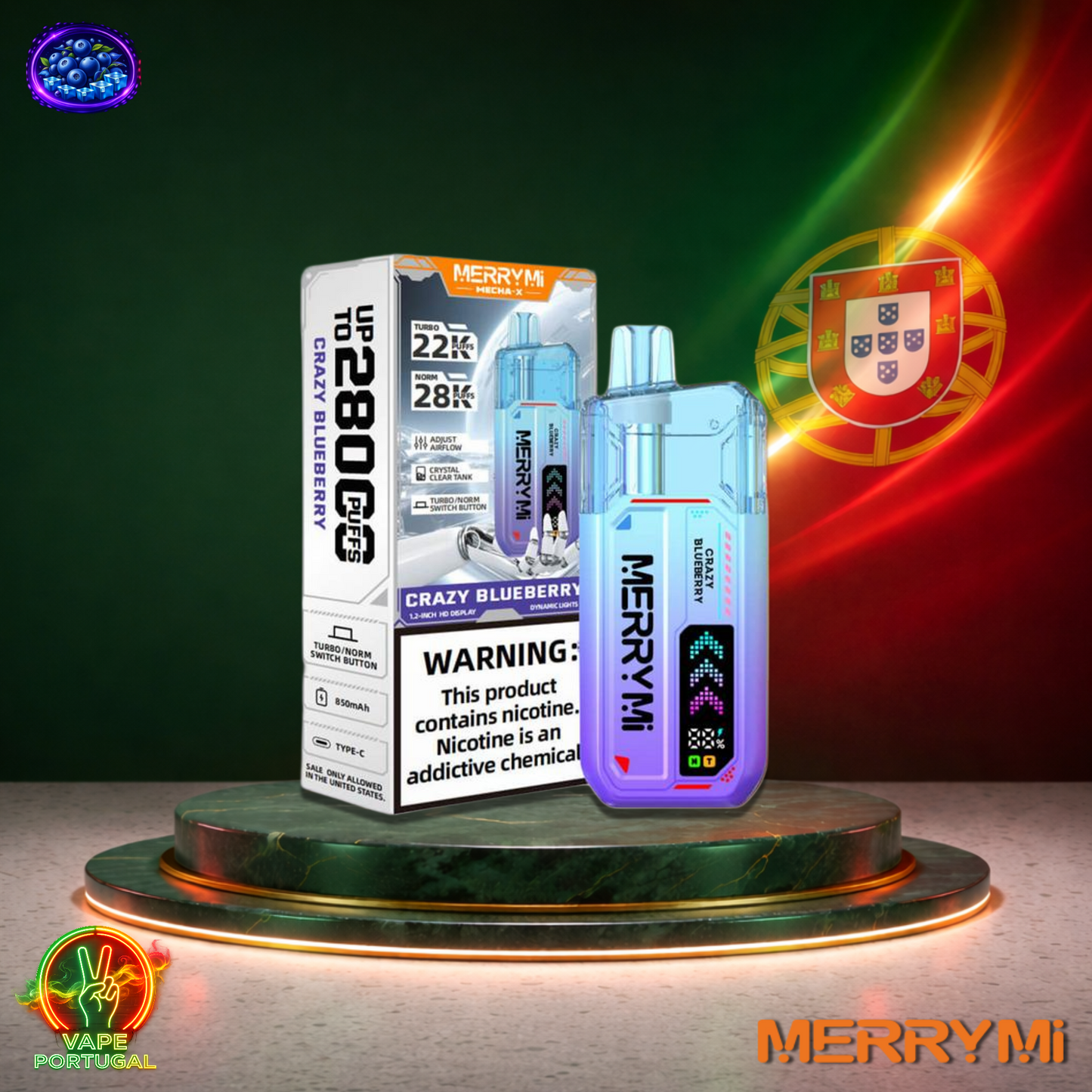 Vape descartável MerryMi Mecha X 28K sabor Crazy Blueberry 28000 puffs 28K tragadas mais barato em Portugal
