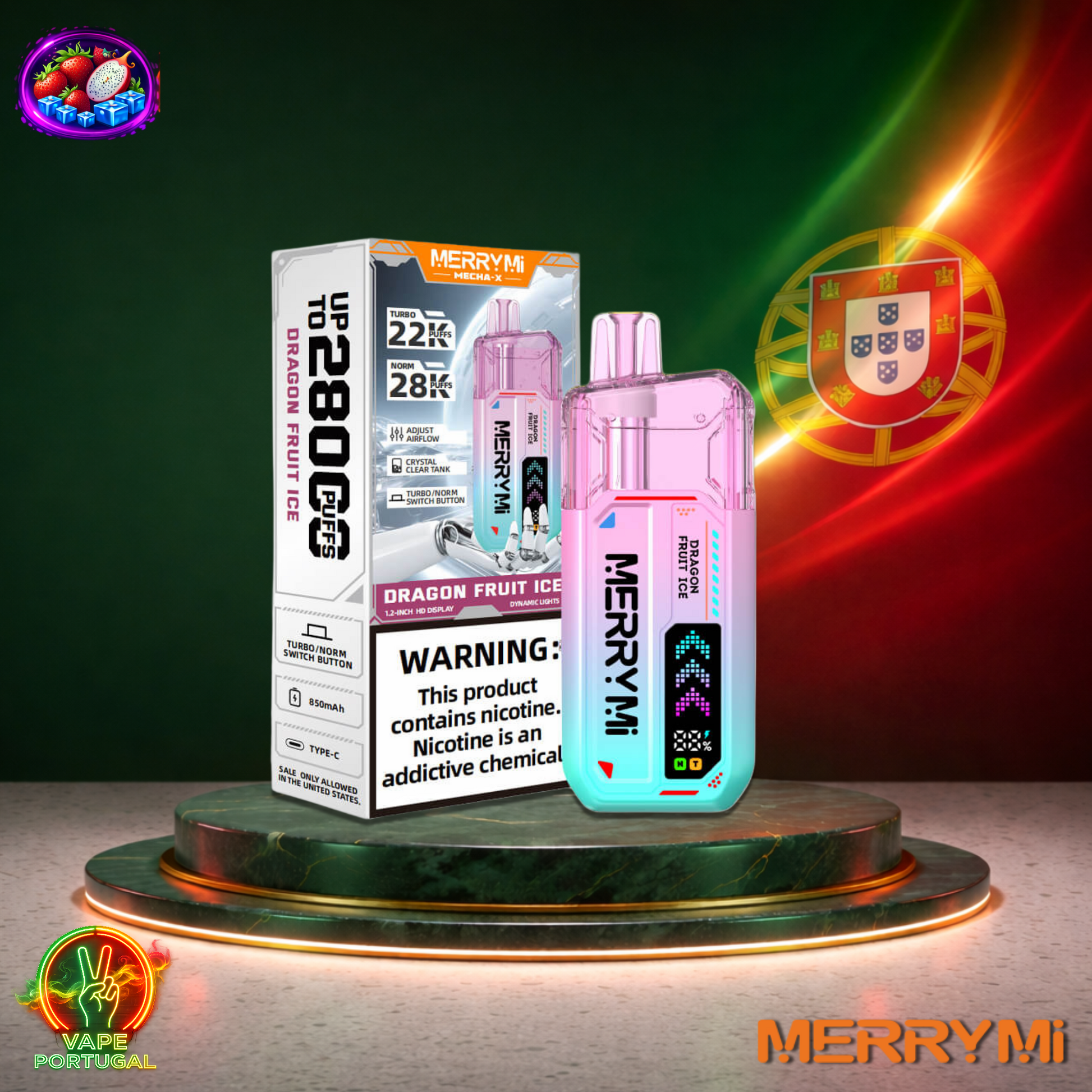 Vape descartável MerryMi Mecha X 28K sabor Dragon Fruit Ice 28000 puffs 28K tragadas mais barato em Portugal