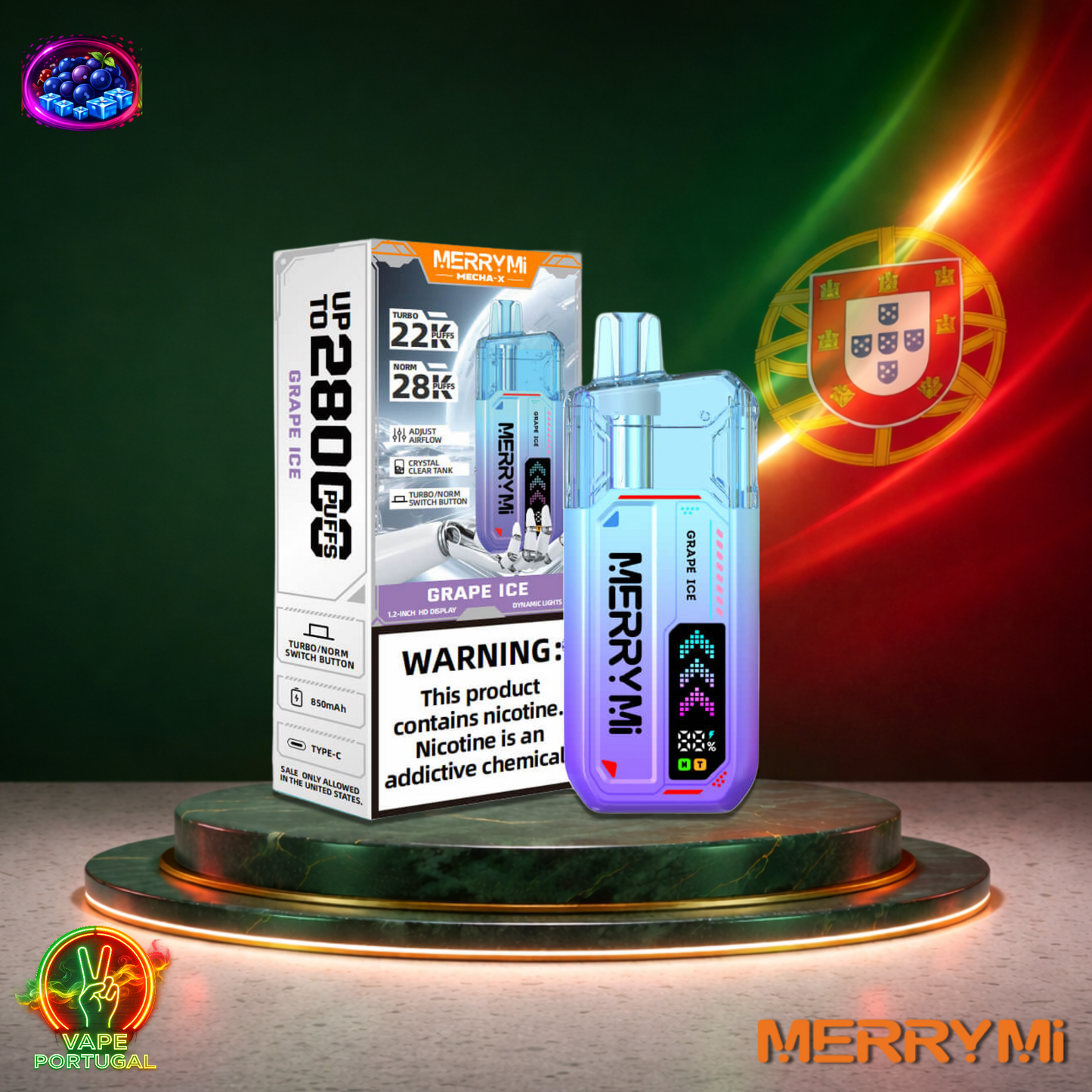 Vape descartável MerryMi Mecha X 28K sabor Grape Ice 28000 puffs 28K tragadas mais barato em Portugal