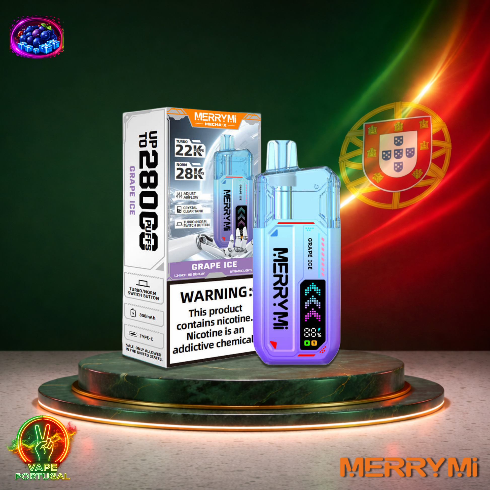 Vape descartável MerryMi Mecha X 28K sabor Grape Ice 28000 puffs 28K tragadas mais barato em Portugal