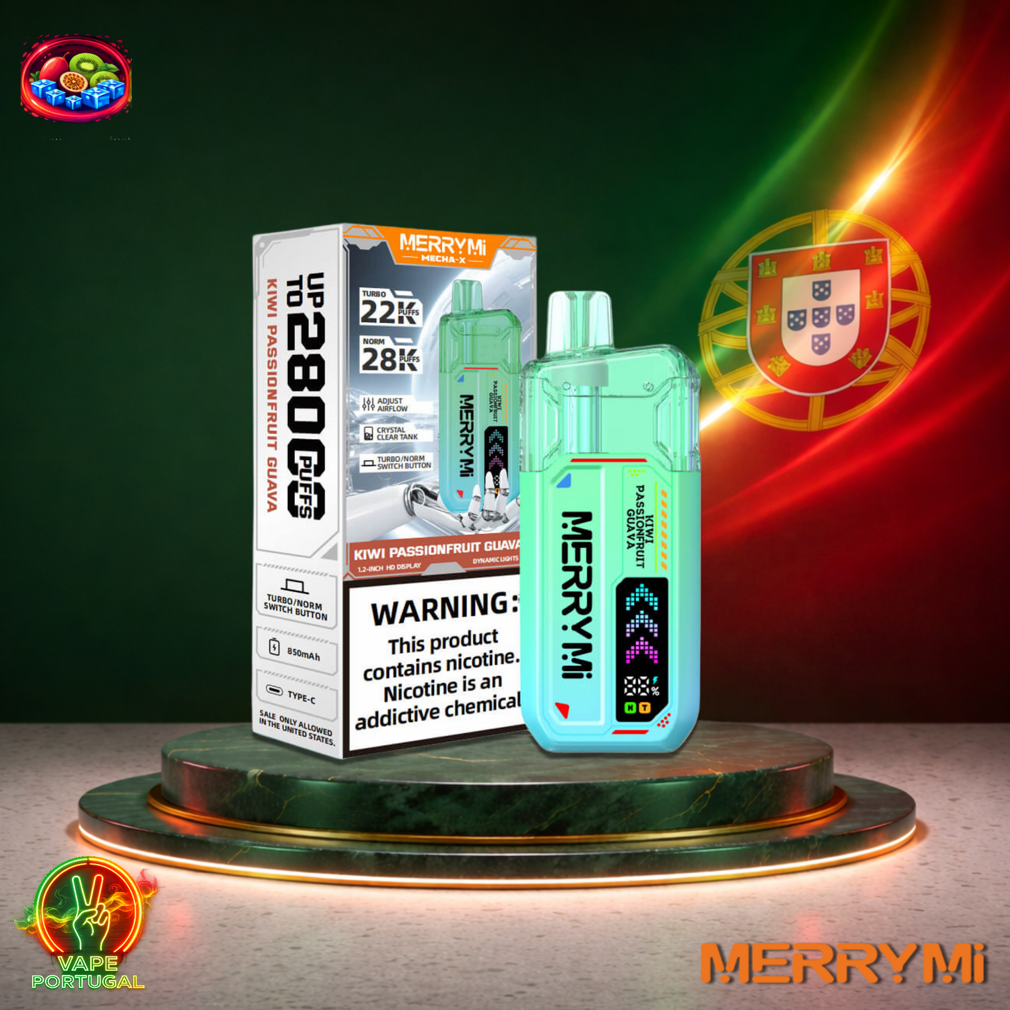Vape descartável MerryMi Mecha X 28K sabor Kiwi Passionfruit Guava 28000 puffs 28K tragadas mais barato em Portugal