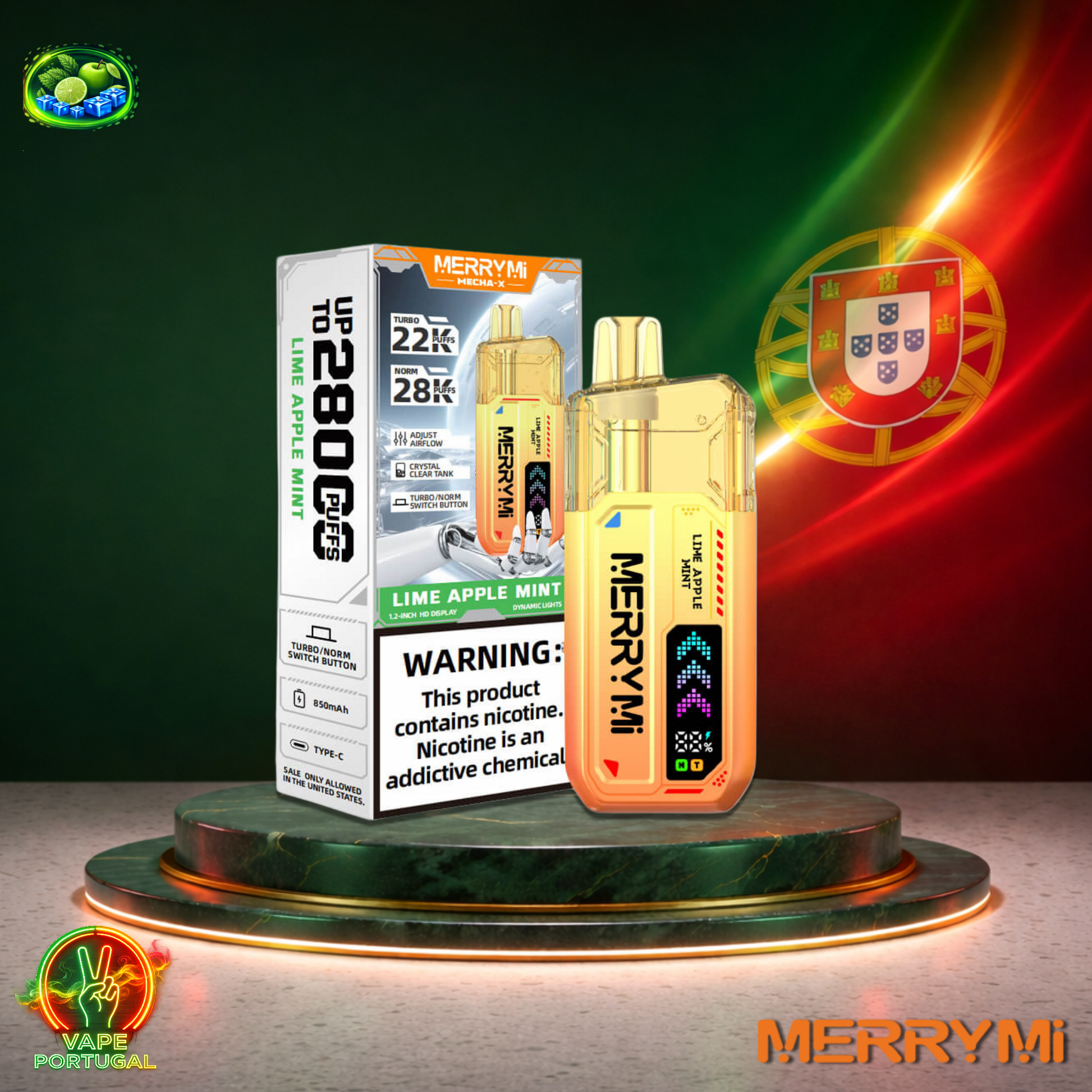 Vape descartável MerryMi Mecha X 28K sabor Lime Apple Mint 28000 puffs 28K tragadas mais barato em Portugal