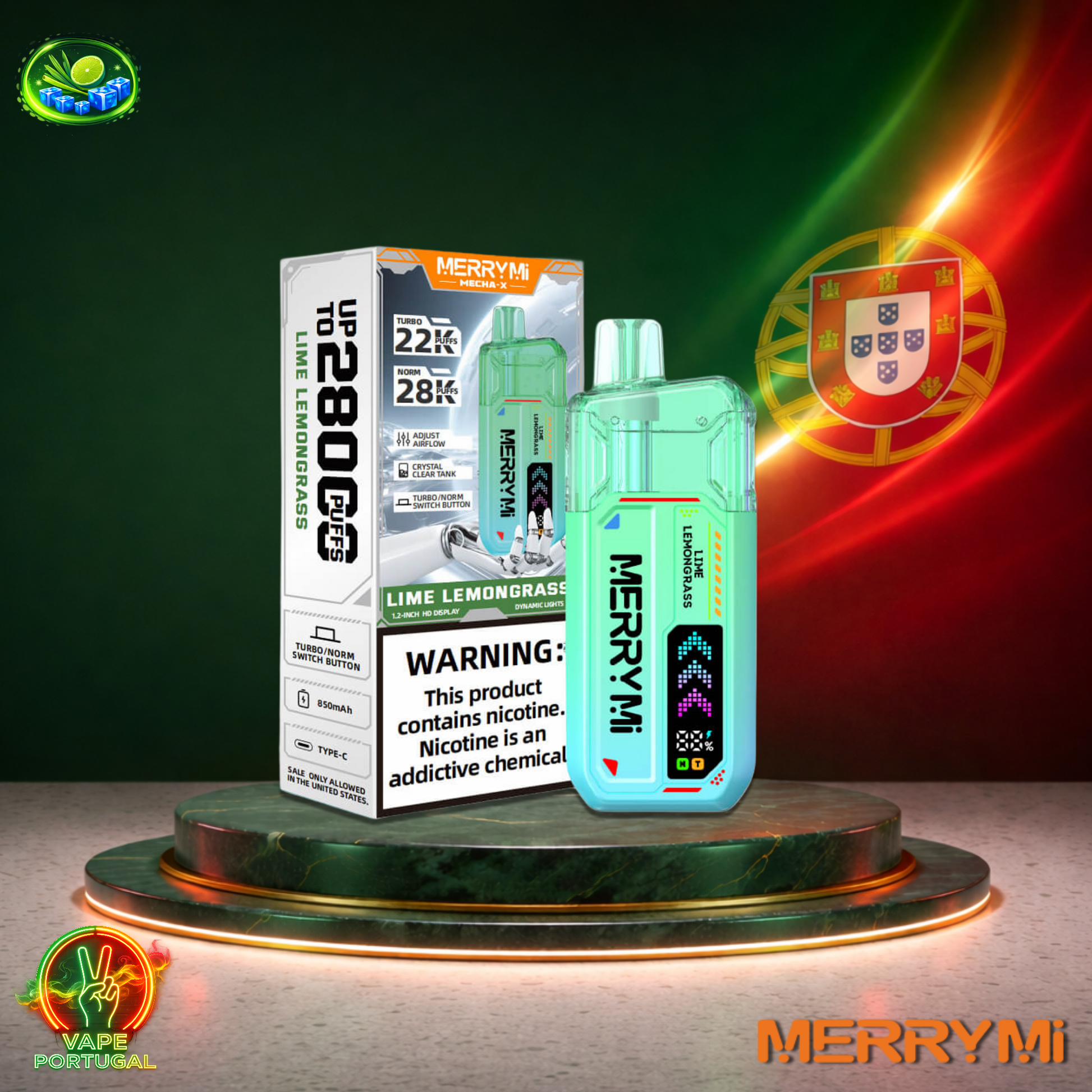 Vape descartável MerryMi Mecha X 28K sabor Lime Lemongrass 28000 puffs 28K tragadas mais barato em Portugal