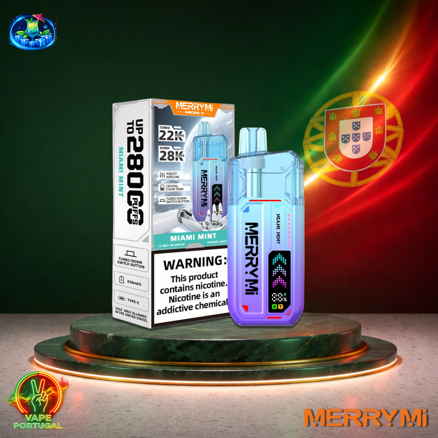 Vape descartável MerryMi Mecha X 28K sabor Miami Mint 28000 puffs 28K tragadas mais barato em Portugal