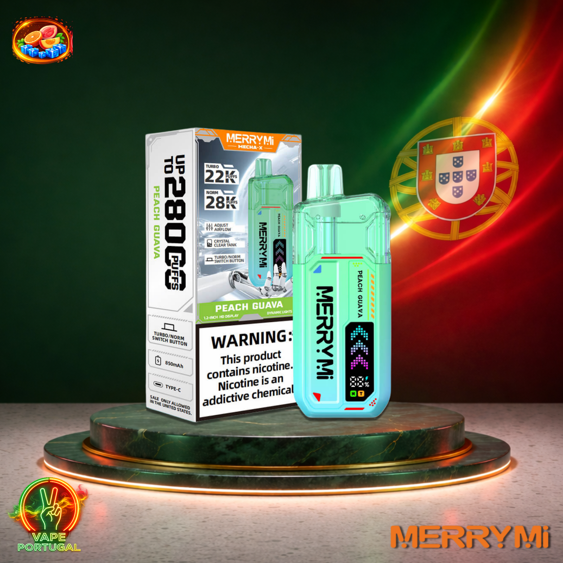 Vape descartável MerryMi Mecha X 28K sabor Peach Guava 28000 puffs 28K tragadas mais barato em Portugal