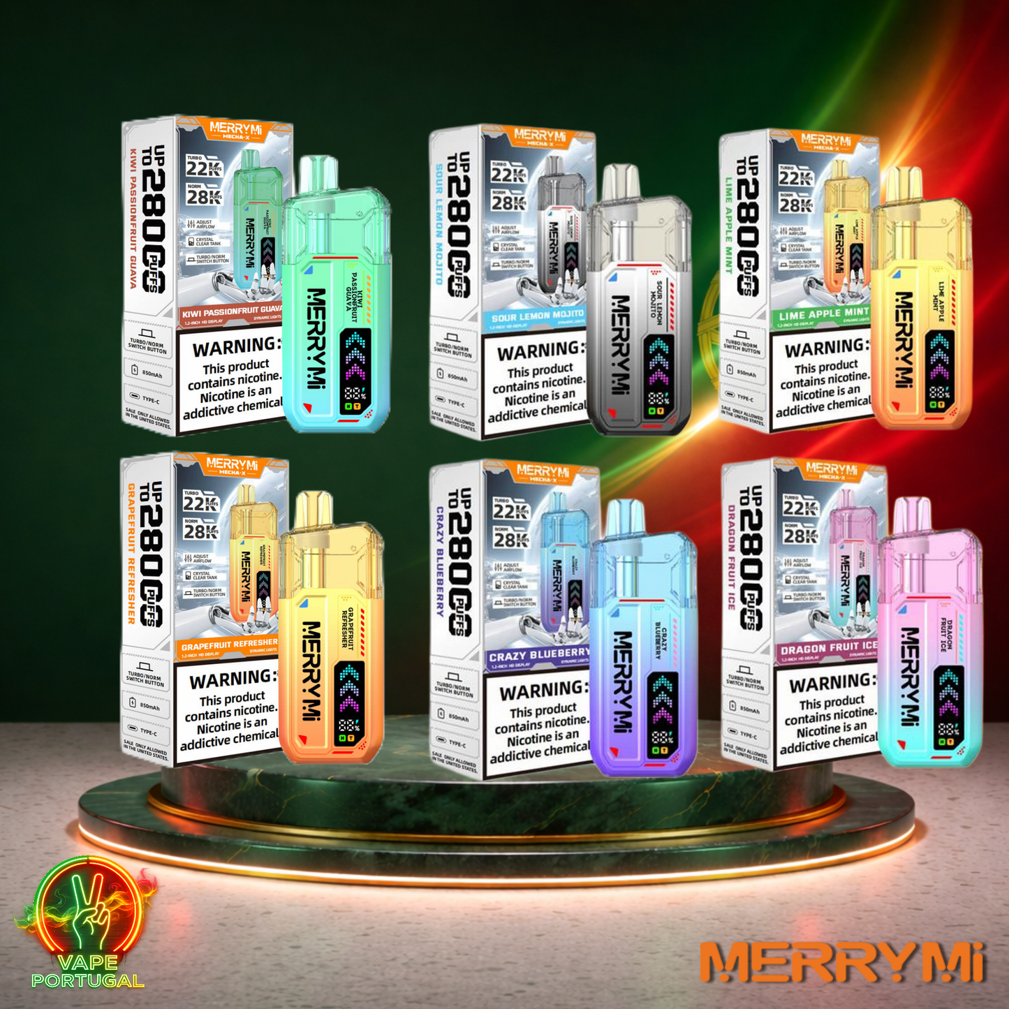 Vape descartável MerryMi Mecha X 28K em vários sabores 28000 puffs 28K tragadas mais barato em Portugal