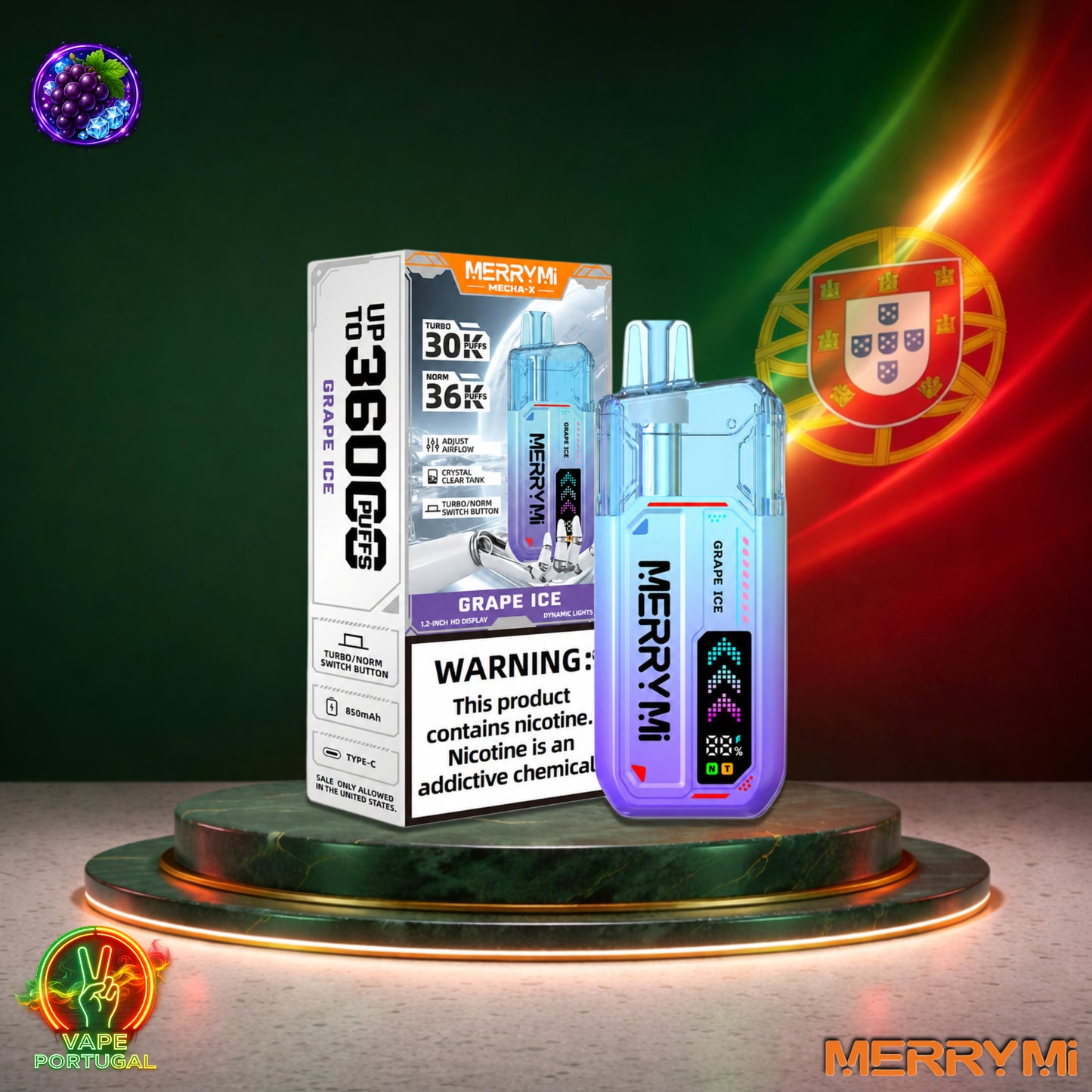 Vape descartável MerryMi Mecha X 36K sabor Grape Ice 36000 puffs 36K tragadas mais barato