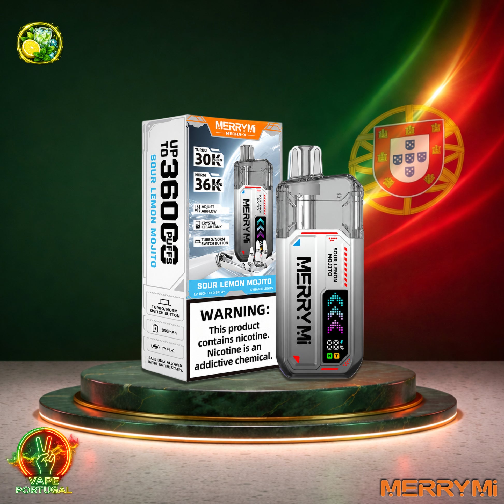 Vape descartável MerryMi Mecha X 36K sabor Sour Lemon Mojito 36000 puffs 36K tragadas mais barato