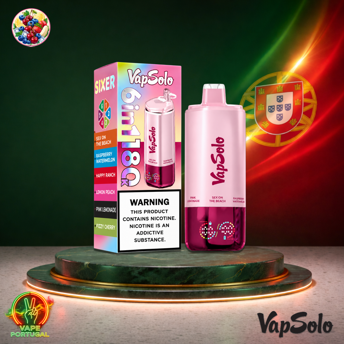 Vape descartável VapSolo 180K Sixer Beach Raspberry Happy Lemon Pink Fizzy 180000 puffs comprar em Portugal