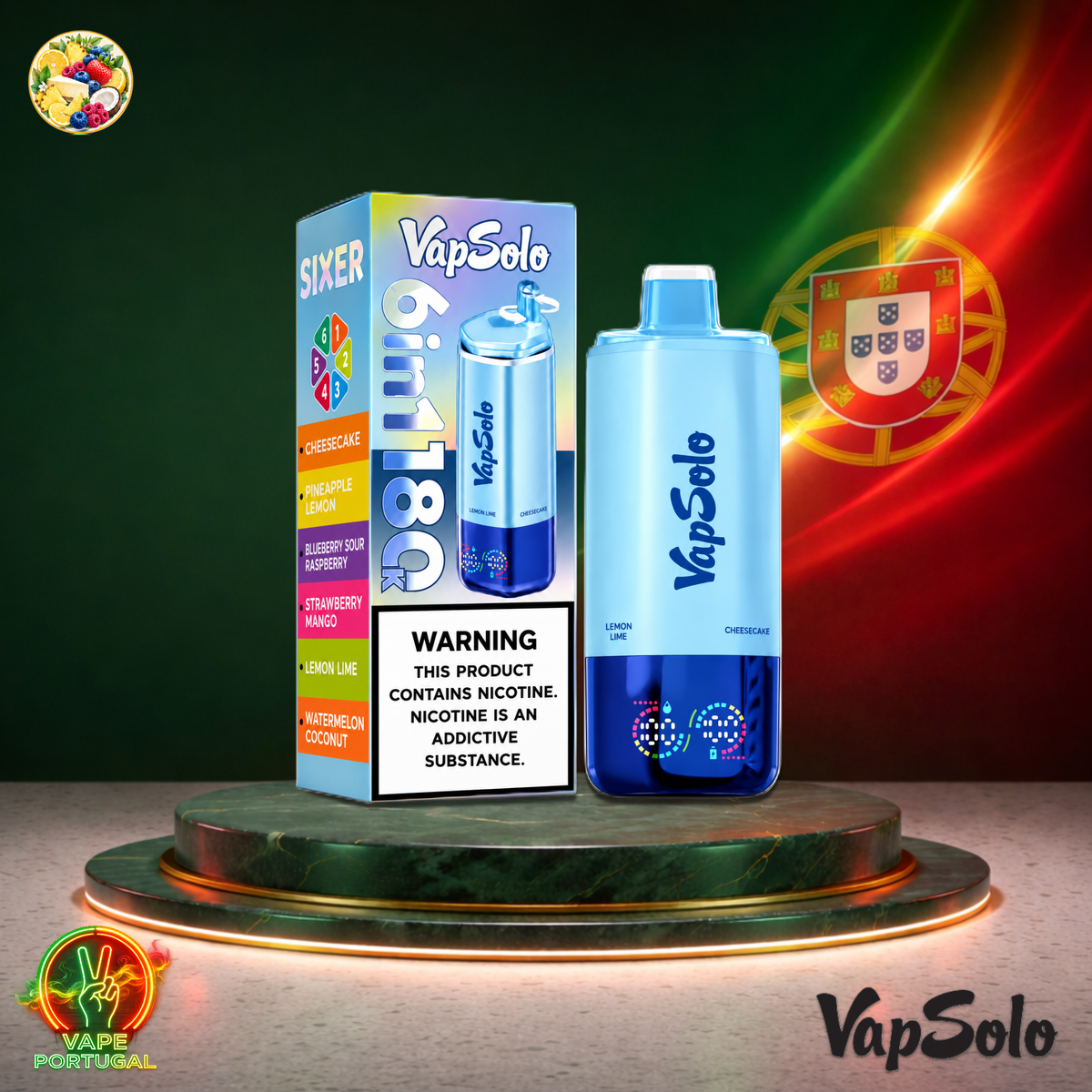 Vape descartável VapSolo 180K Sixer Cheesecake Pineapple Blueberry Strawberry Lemon Watermelon 180000 puffs comprar em Portugal