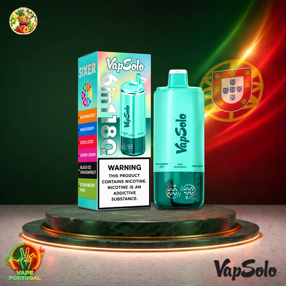 Vape descartável VapSolo 180K Sixer Francisco Mixed Coco Cherry Black Strawberry 180000 puffs comprar em Portugal