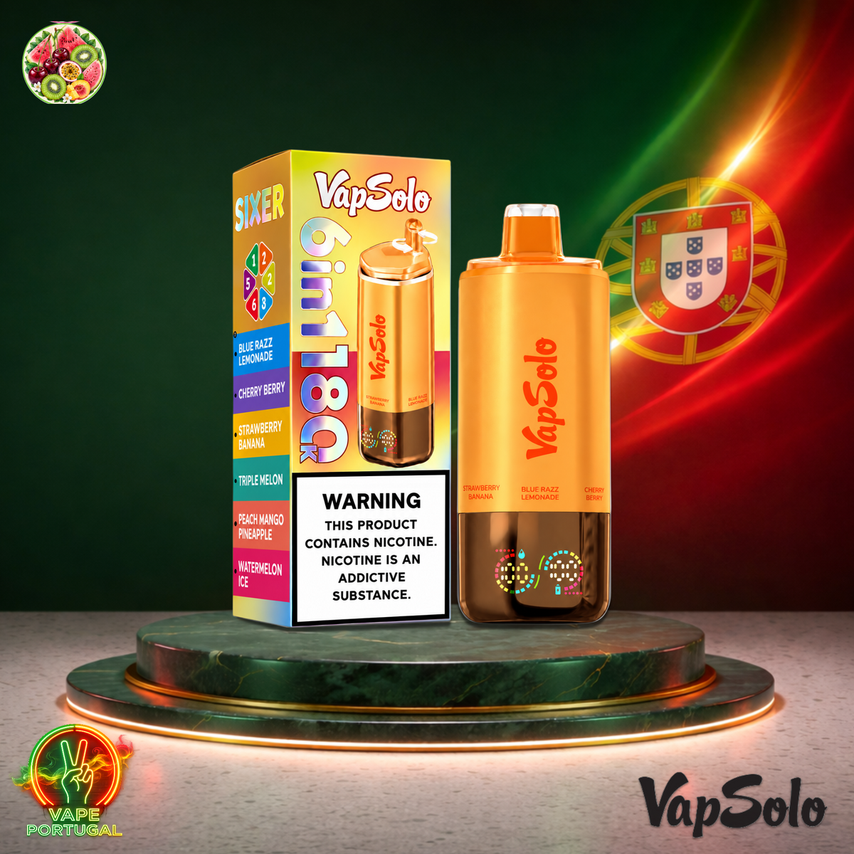 Vape descartável VapSolo 180K Sixer Lemonade Cherry Strawberry Triple Peach Watermelon 180000 puffs comprar em Portugal