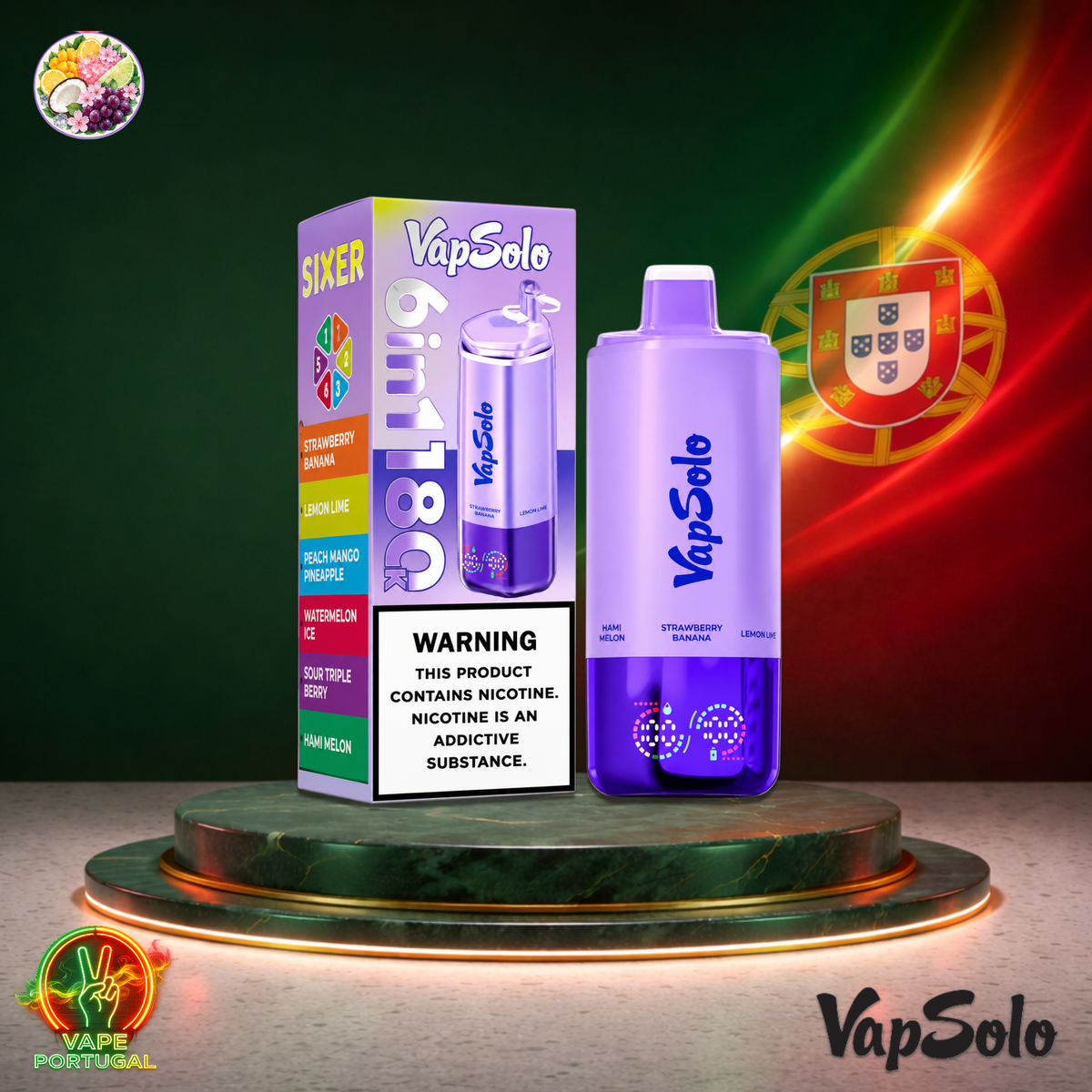 Vape descartável VapSolo 180K Sixer Strawberry Lemon Watermelon Peach Sour Hami 180000 puffs comprar em Portugal