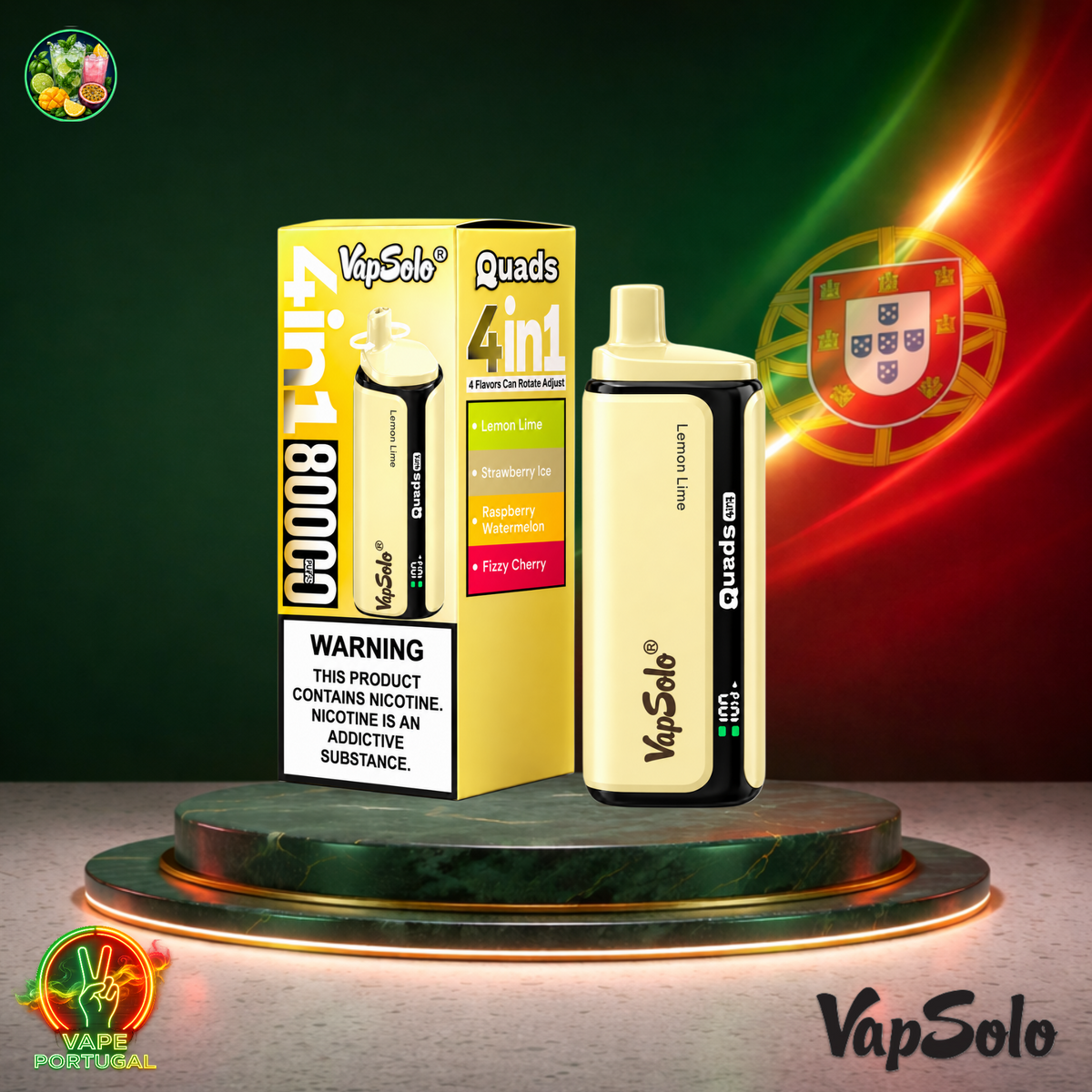 Vape descartável VapSolo Quads 80K Lemon Strawberry Raspberry Fizzy 80000 puffs comprar em Portugal