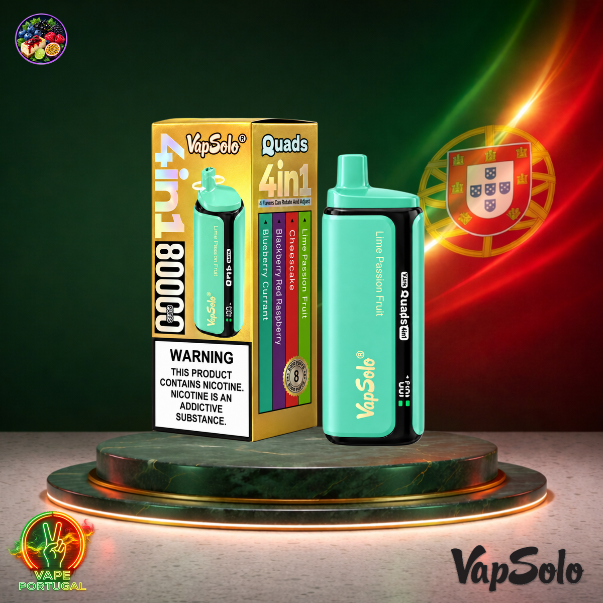 Vape descartável VapSolo Quads 80K Lime Blackberry Blueberry 80000 puffs comprar em Portugal