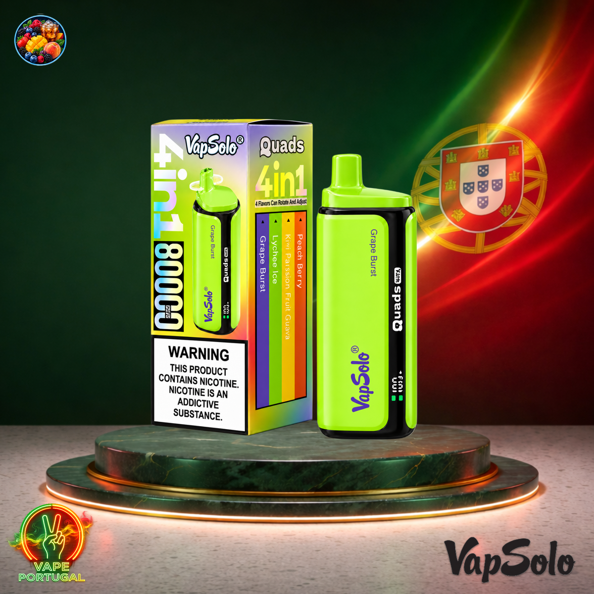 Vape descartável VapSolo Quads 80K Peach Kiwi Lychee Grape 80000 puffs comprar em Portugal