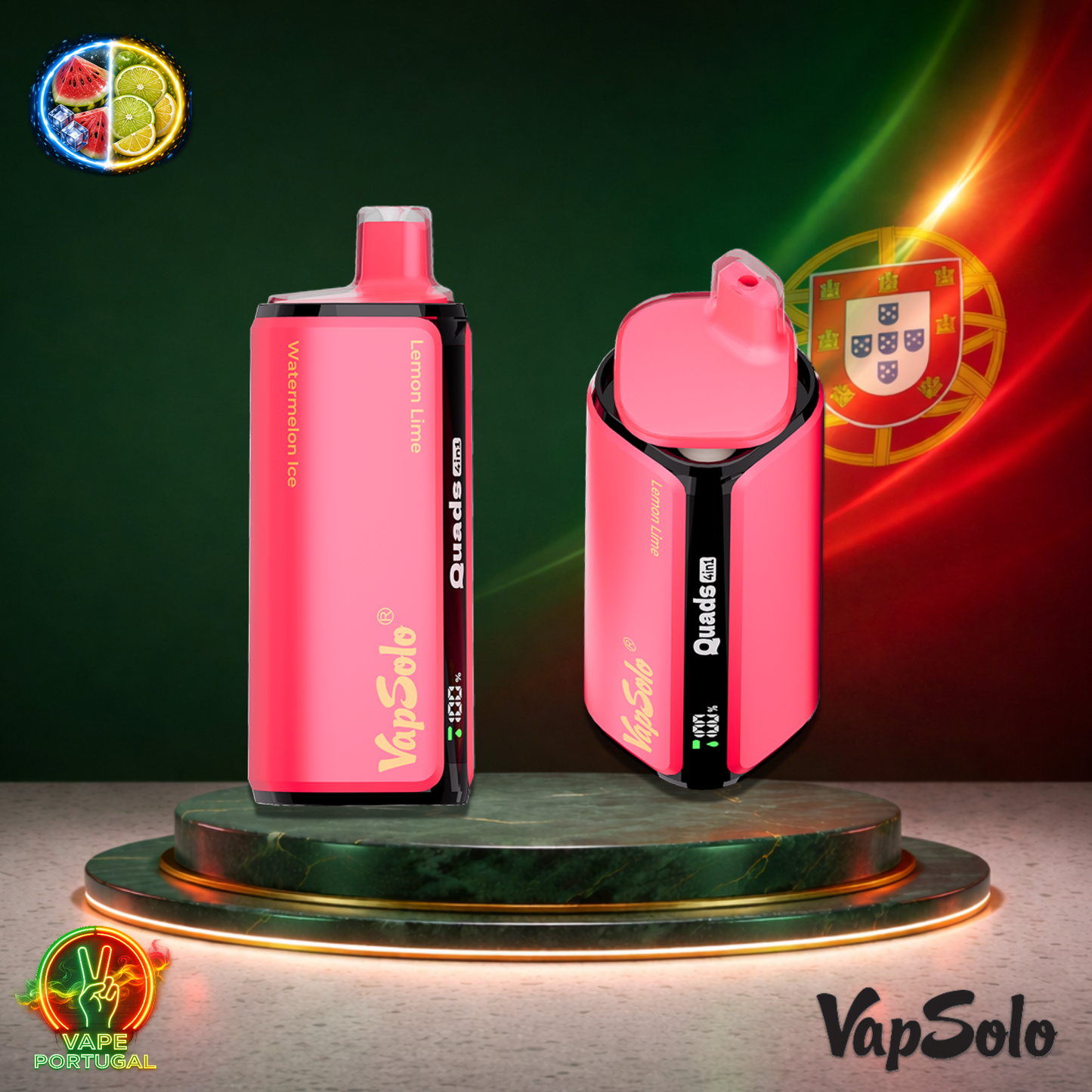 Vape descartável VapSolo Quads 80K sabor Watermelon Ice / Lemon Lime com 80000 puffs (80K tragadas) ao preço mais barato em Portugal.