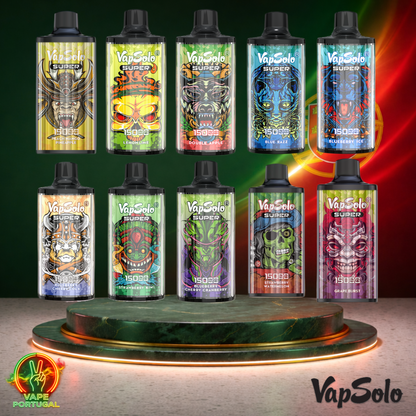 Vape descartável VapSolo Super 15K vários sabores 15000 puffs 15K tragadas design frontal mais barato