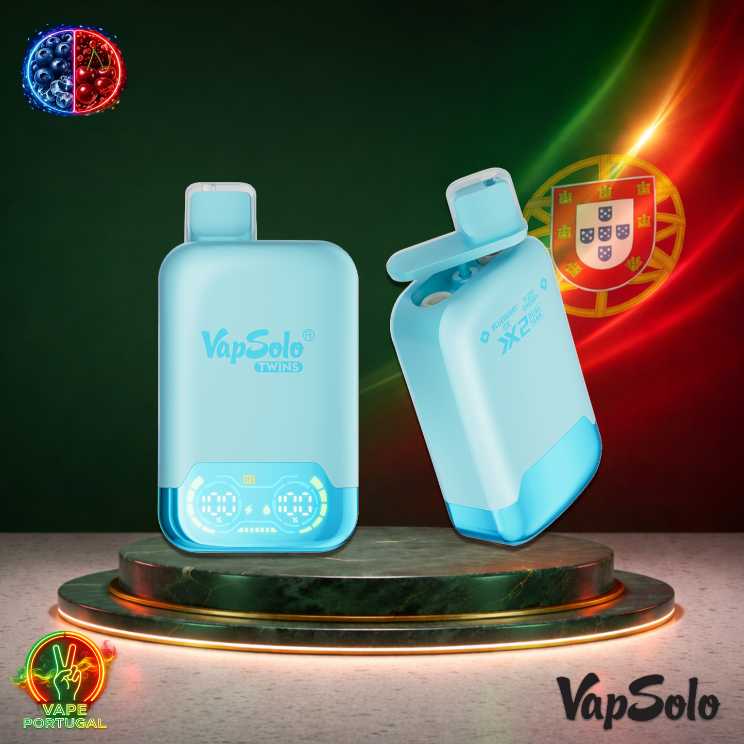 Vape descartável VapSolo Twins 20K sabor Blueberry Ice & Fizzy Cherry com 20000 puffs 20K tragadas mais barato