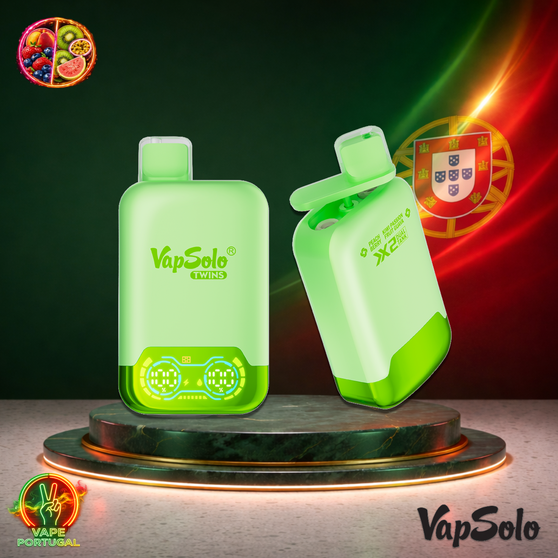 Vape descartável VapSolo Twins 20K sabor Peach Berry & Kiwi Passion Fruit Guava com 20000 puffs 20K tragadas mais barato