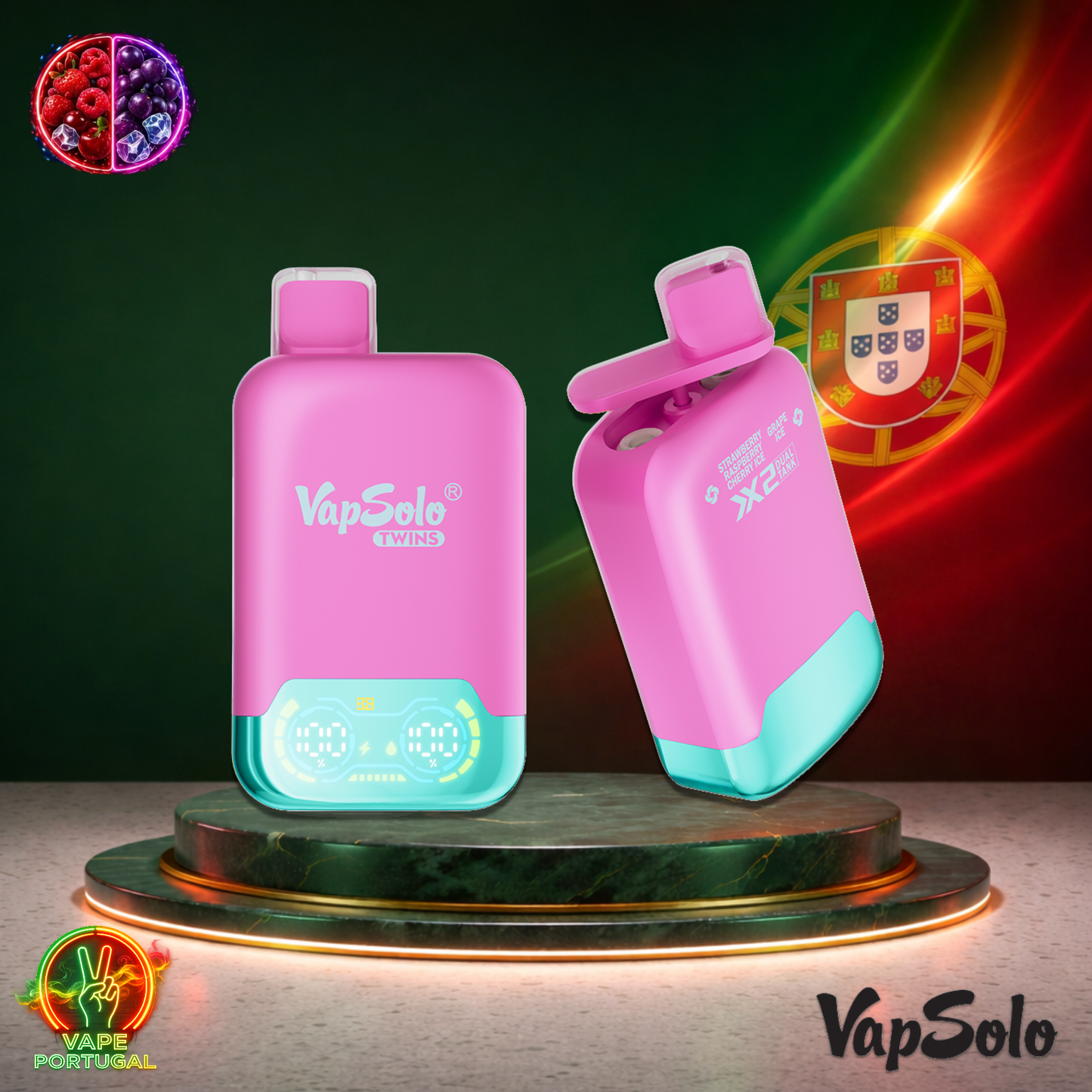 Vape descartável VapSolo Twins 20K sabor Strawberry Raspberry Cherry Ice & Grape Ice com 20000 puffs 20K tragadas mais barato