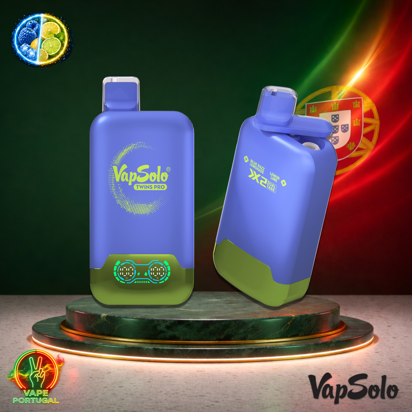 Vape descartável VapSolo Twins Pro 50K sabor Blue Razz Lemonade Lemon Lime 50000 puffs 50K tragadas