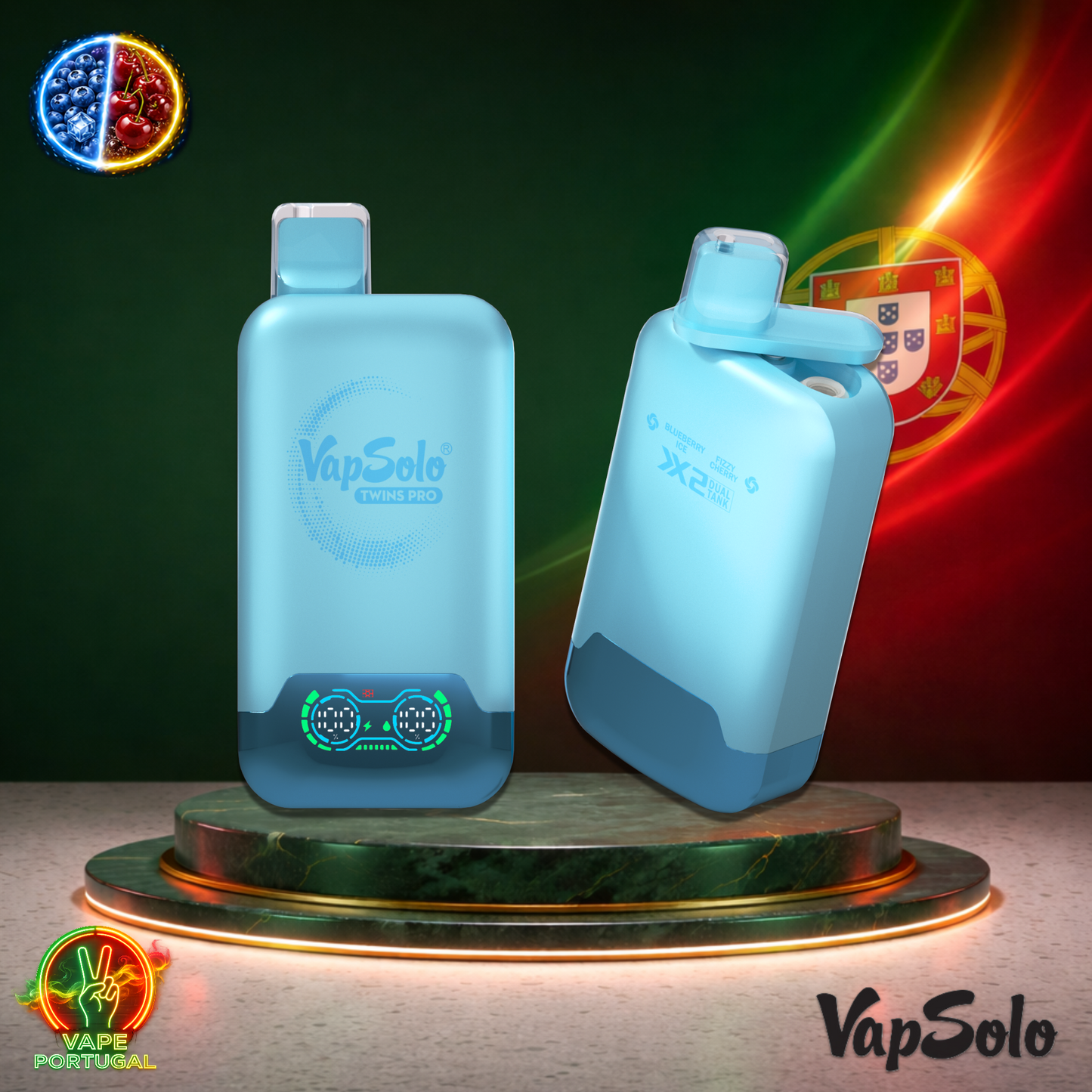 Vape descartável VapSolo Twins Pro 50K sabor Blueberry Ice Fizzy Cherry 50000 puffs 50K tragadas