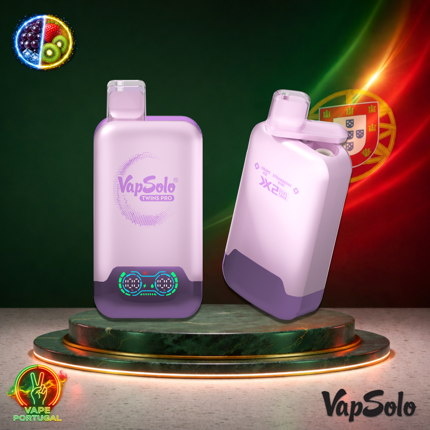 Vape descartável VapSolo Twins Pro 50K sabor Grape Ice Strawberry Kiwi 50000 puffs 50K tragadas