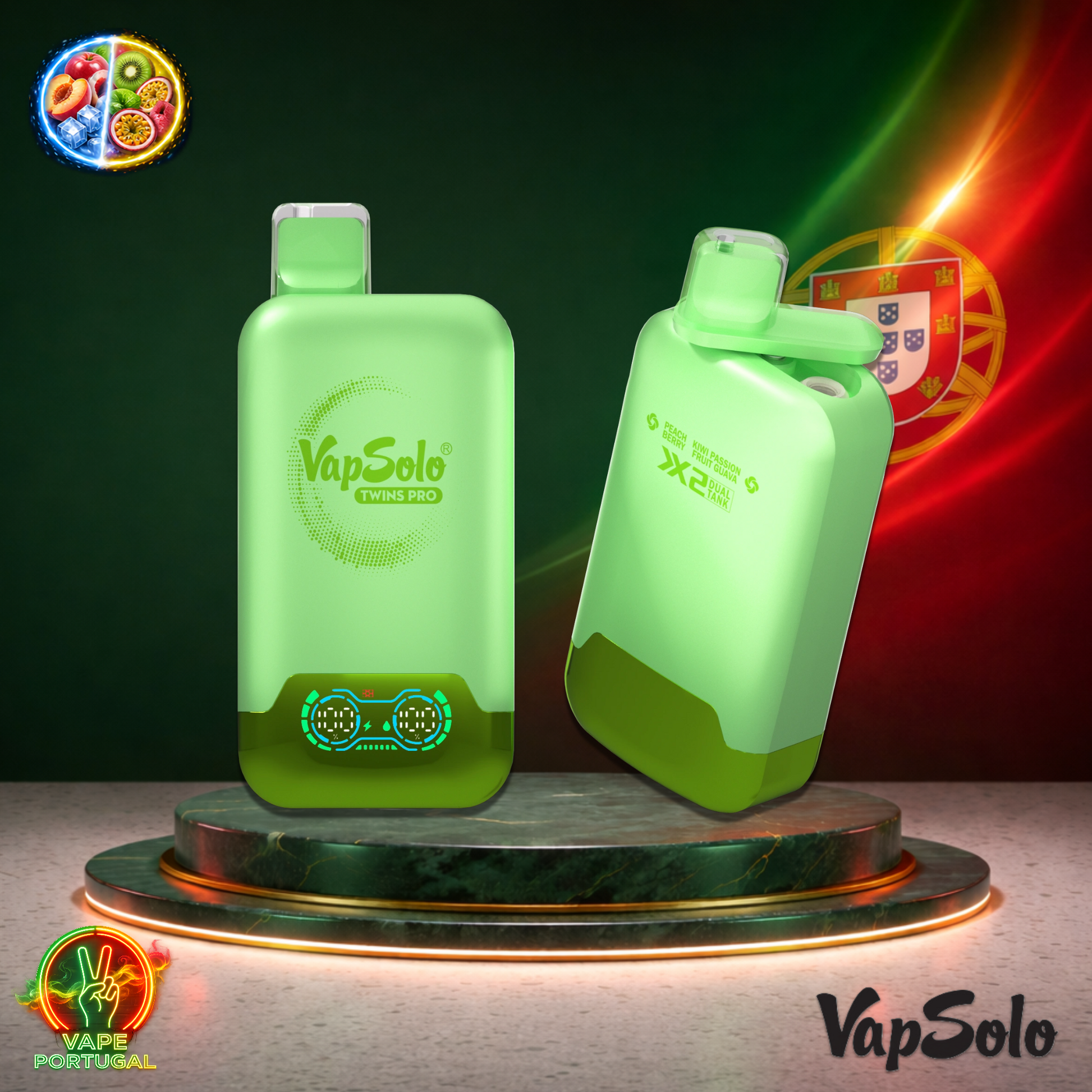 Vape descartável VapSolo Twins Pro 50K sabor Peach Berry Kiwi Passion Fruit Guava 50000 puffs 50K tragadas