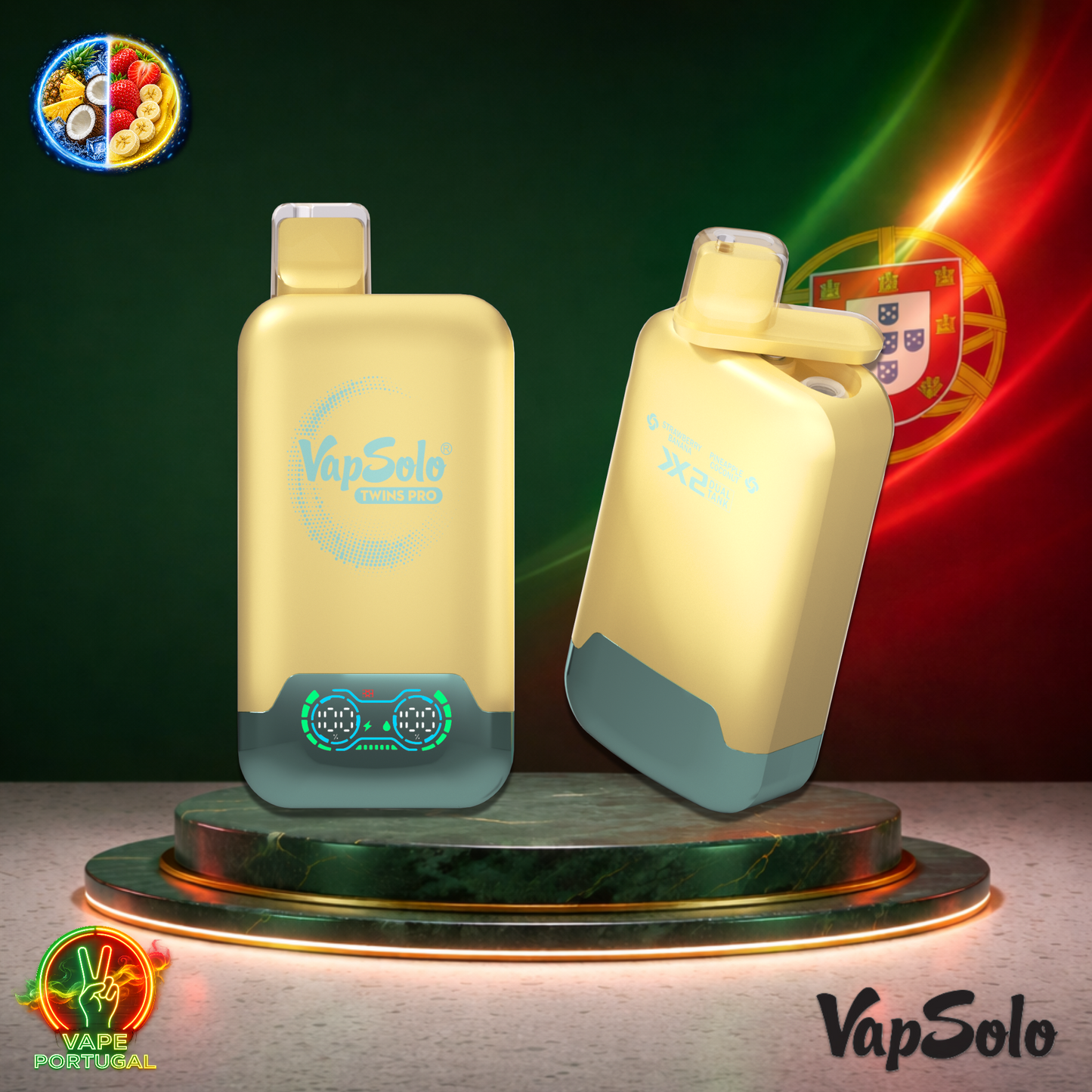 Vape descartável VapSolo Twins Pro 50K sabor Pineapple Coconut Strawberry Banana 50000 puffs 50K tragadas
