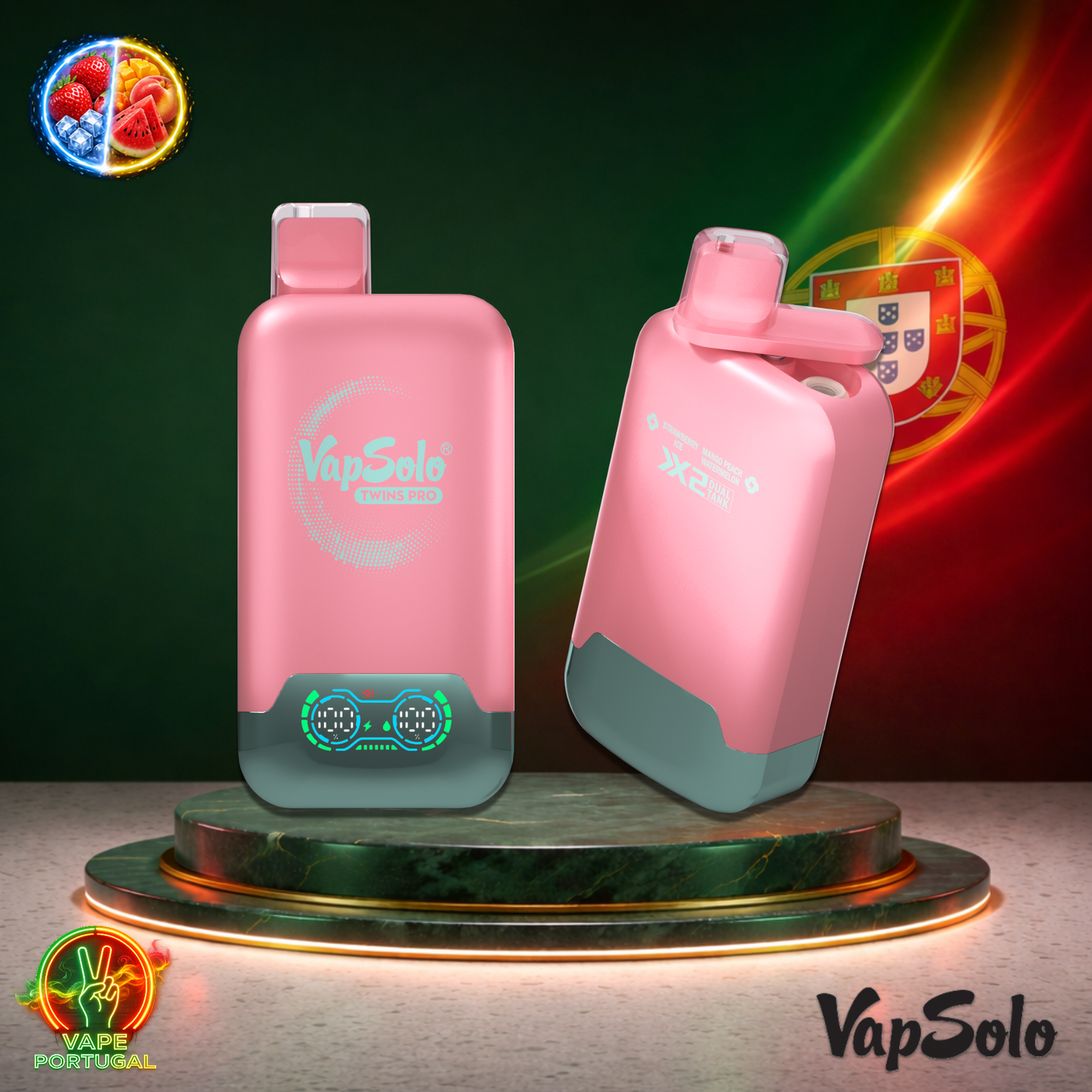Vape descartável VapSolo Twins Pro 50K sabor Strawberry Ice Mango Peach Watermelon 50000 puffs 50K tragadas