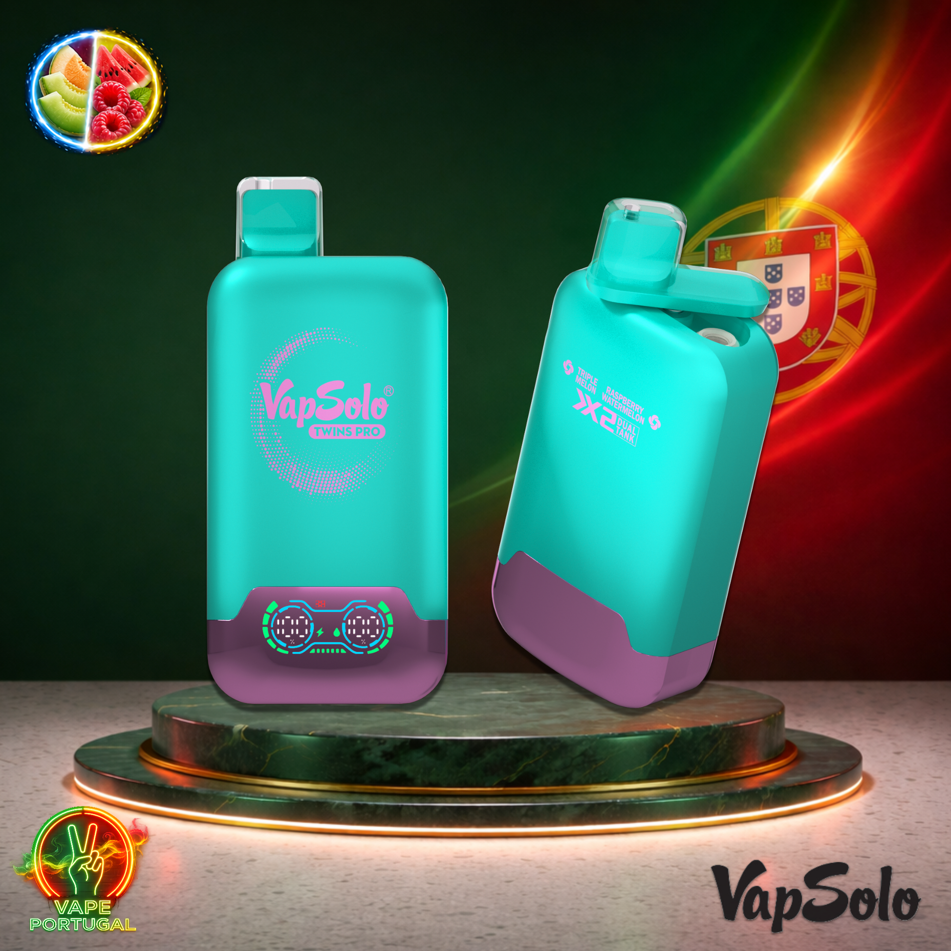 Vape descartável VapSolo Twins Pro 50K sabor Triple Melon Raspberry Watermelon 50000 puffs 50K tragadas