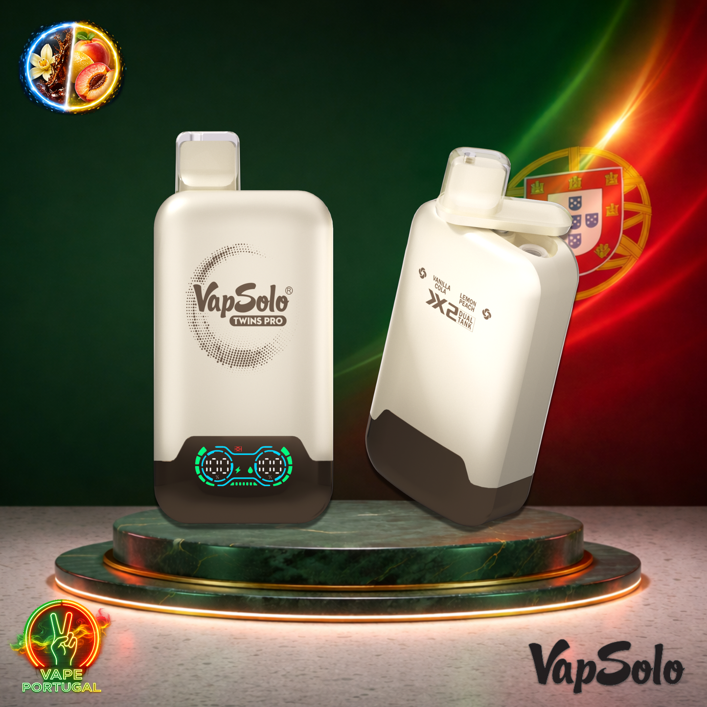 Vape descartável VapSolo Twins Pro 50K sabor Vanilla Cola Lemon Peach 50000 puffs 50K tragadas