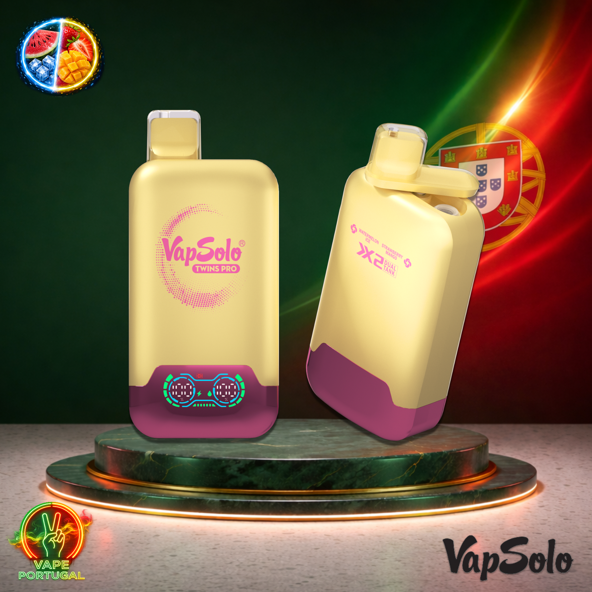 Vape descartável VapSolo Twins Pro 50K sabor Watermelon Ice Strawberry Mango 50000 puffs 50K tragadas