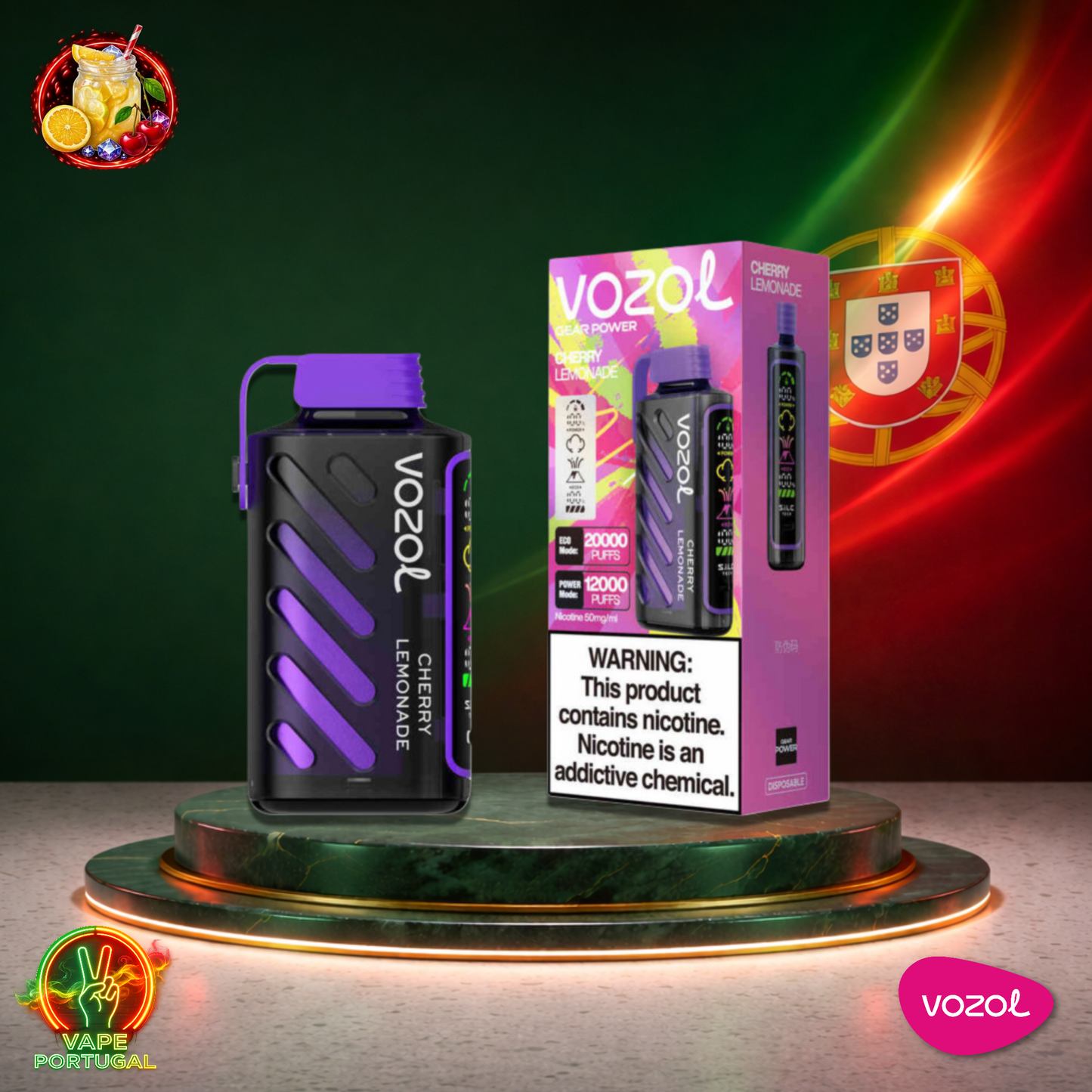 Vape descartável Vozol Gear Power 20K sabor Cherry Lemonade 20000 puffs 20K tragadas oficial Portugal mais barato