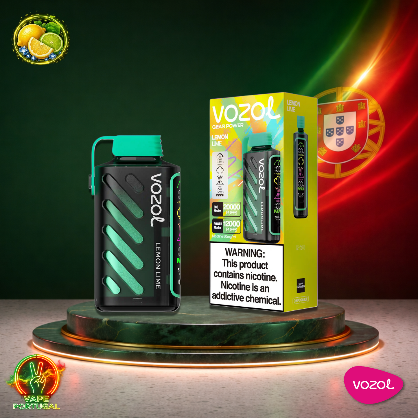 Vape descartável Vozol Gear Power 20K sabor Lemon Lime 20000 puffs 20K tragadas oficial Portugal mais barato