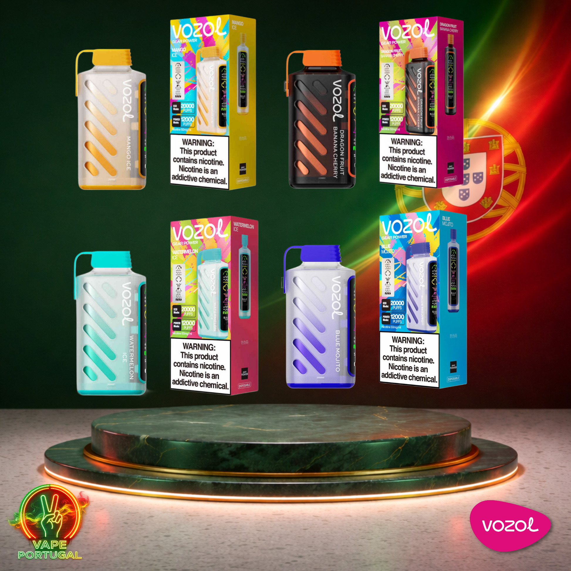 Vape descartável Vozol Gear Power 20K vários sabores disponíveis 20000 puffs 20K tragadas vista frontal oficial Portugal mais barato