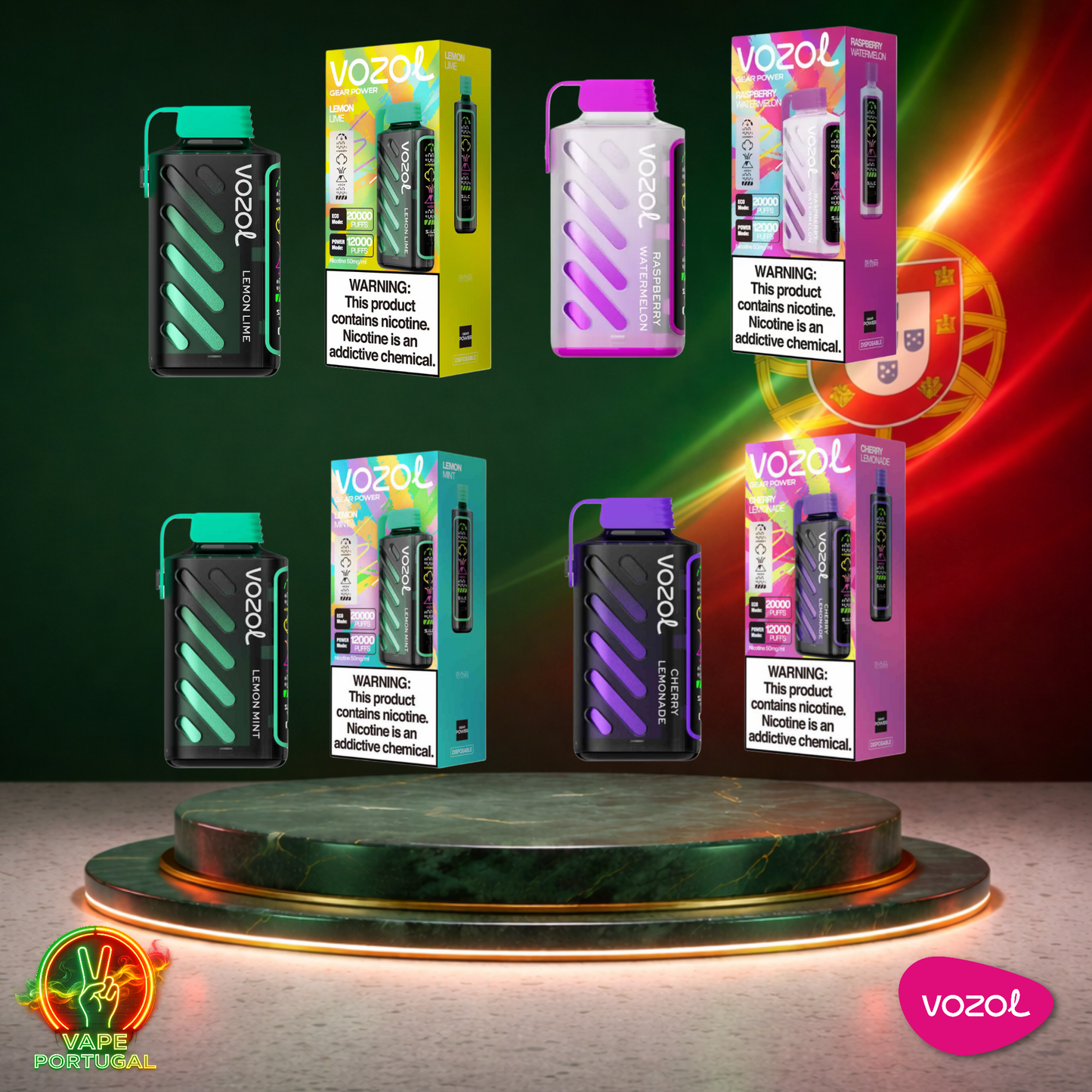 Vape descartável Vozol Gear Power 20K vários sabores disponíveis 20000 puffs 20K tragadas vista lateral oficial Portugal mais barato