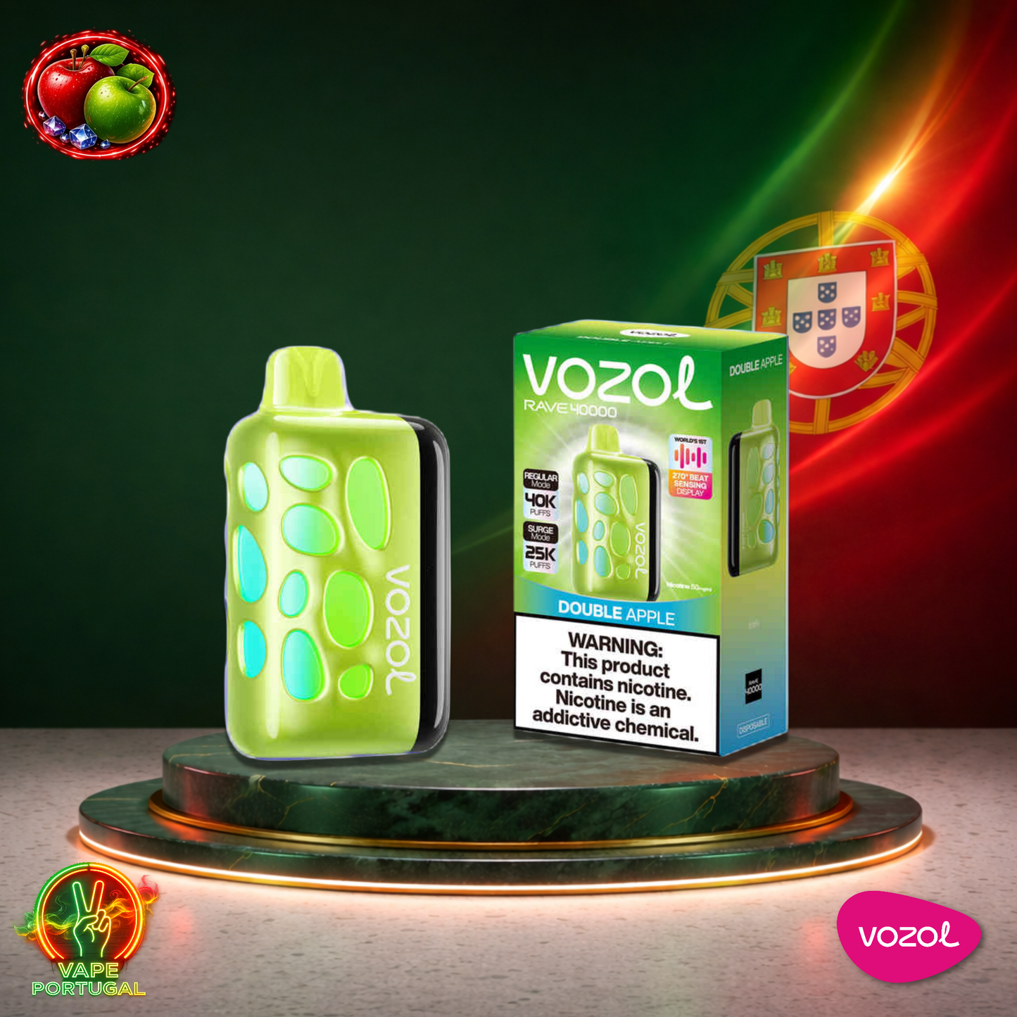 Vape descartável Vozol Rave 40K sabor Double Apple 40000 puffs 40K tragadas oficial Portugal mais barato