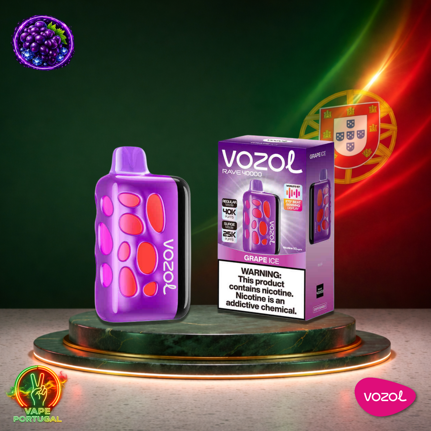 Vape descartável Vozol Rave 40K sabor Grape Ice 40000 puffs 40K tragadas oficial Portugal mais barato