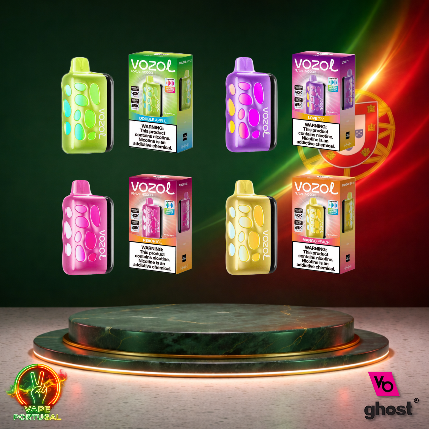 Vape descartável Vozol Rave 40K vários sabores disponíveis 40000 puffs 40K tragadas vista frontal oficial Portugal mais barato