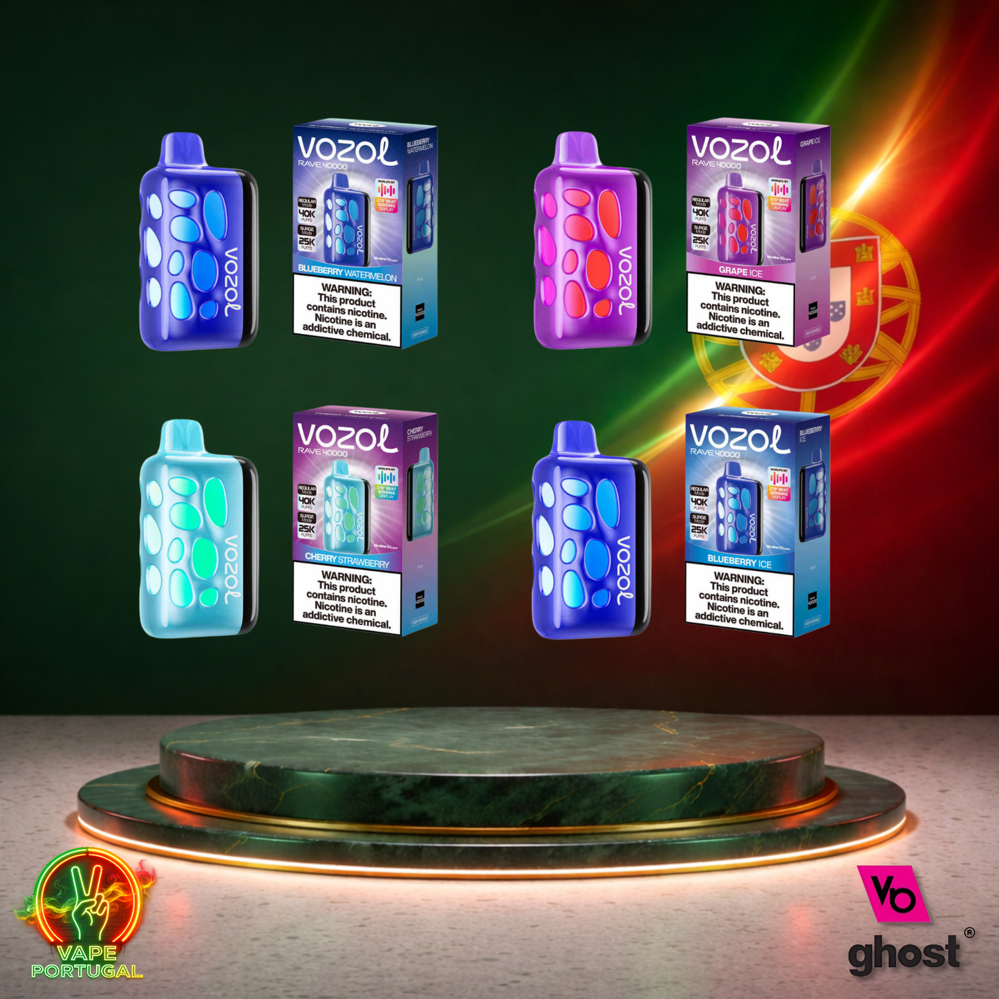 Vape descartável Vozol Rave 40K vários sabores disponíveis 40000 puffs 40K tragadas vista lateral oficial Portugal mais barato